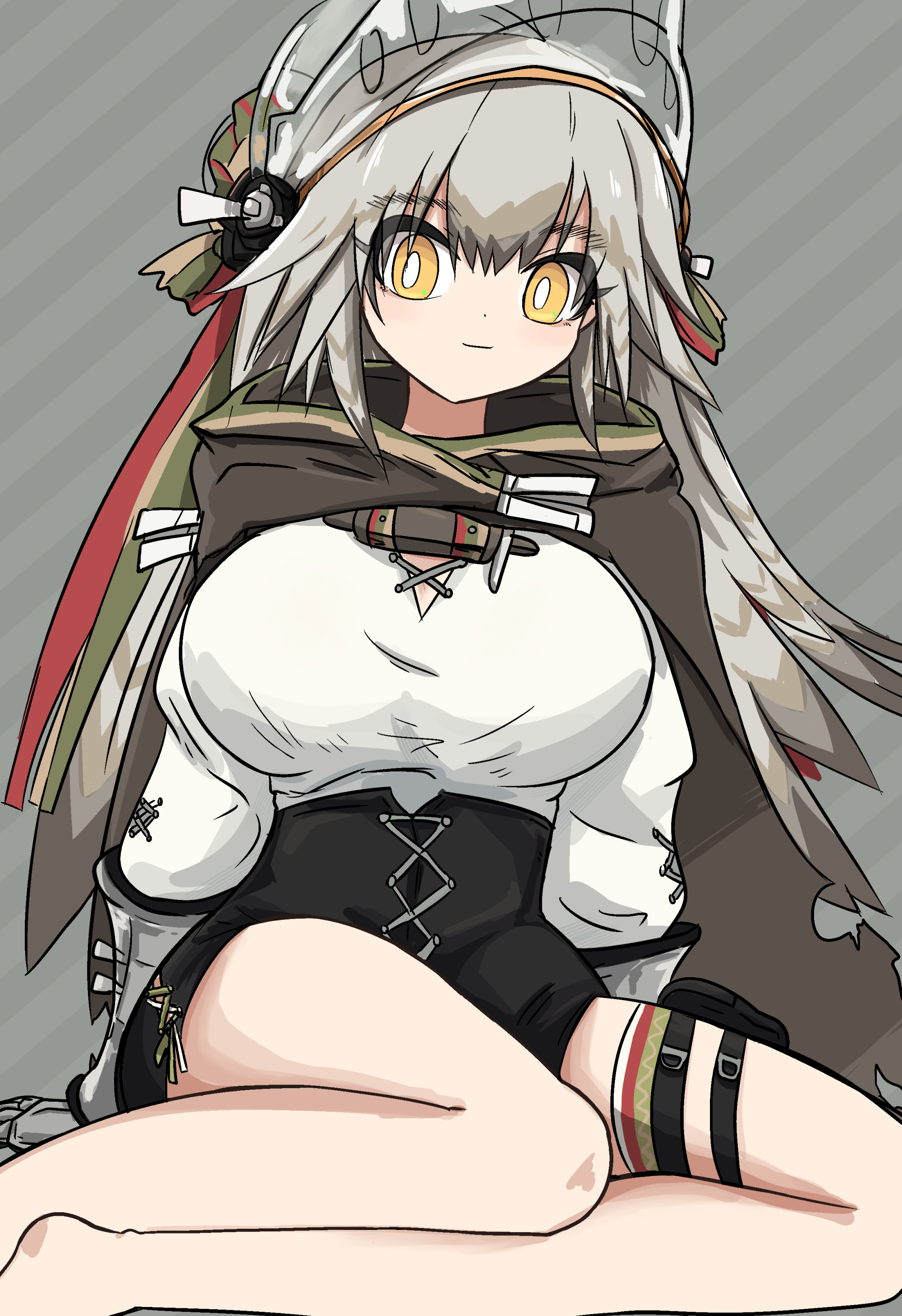 roika, fartooth (arknights), arknights, absurdres, commentary request, highres, 1girl, barefoot, black shorts, blush, breasts, bright pupils, brown hair, cape, feather hair, gauntlets, grey background, grey hair, hair between eyes, high-waist shorts, large breasts, long hair, long sleeves, looking at viewer, shirt, shorts, sitting, solo, thigh strap, very long hair, visor (armor), wariza, white pupils, white shirt, yellow eyes