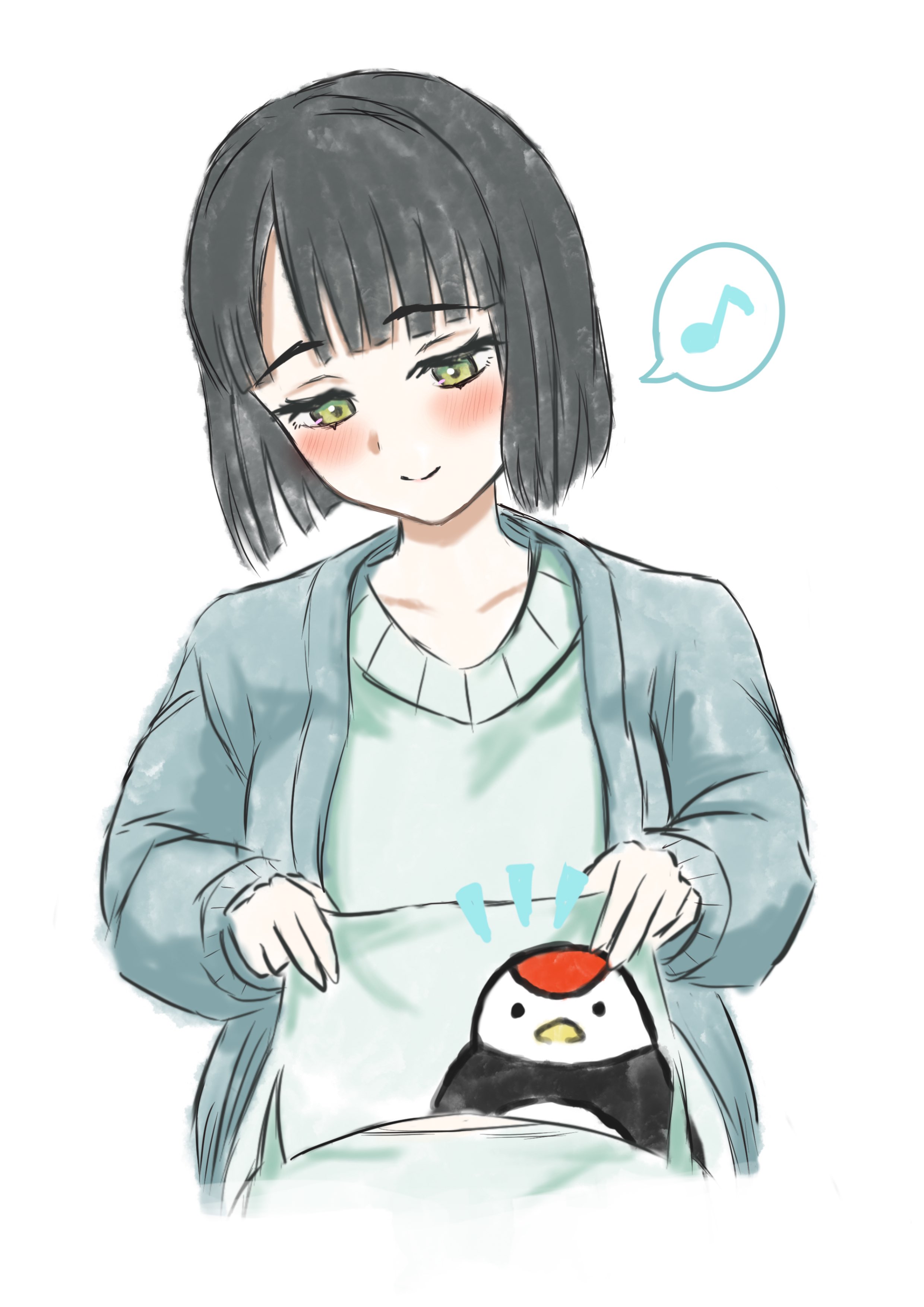 ponyou1030, momose ginko, link! like! love live!, love live!, absurdres, commentary request, highres, 1girl, animal print, blue cardigan, blue sweater, blush, cardigan, closed mouth, collarbone, colored speech bubble, eighth note, green eyes, long sleeves, midriff peek, momose ginko (sega lucky lottery sleepwear), musical note, notice lines, official alternate costume, open cardigan, open clothes, simple background, smile, solo, speech bubble, spoken musical note, sweater, tsuru (love live!), upper body, virtual youtuber, white background