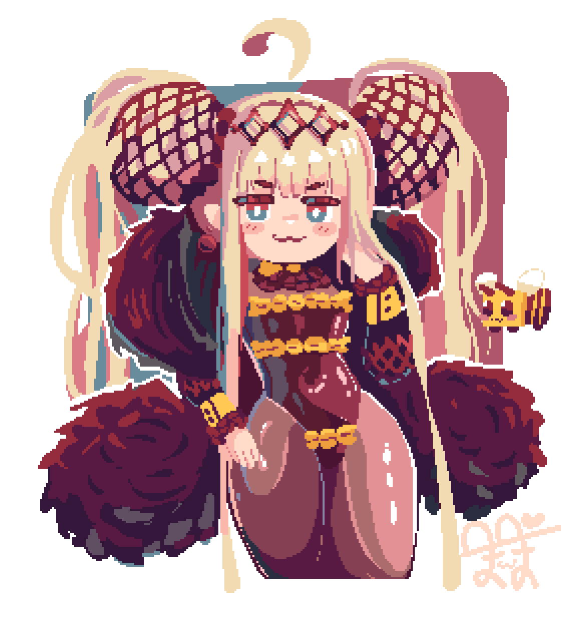bee (minecraft), minecraft, original, highres, :3, ahoge, bee, blonde hair, blush stickers, borrowed character, bright pupils, brown leotard, brown pantyhose, bug, cropped legs, detached sleeves, double bun, earrings, green eyes, hair bun, huge hair bun, insect, jewelry, leotard, long hair, long sidelocks, pantyhose, pixel art, poppo (x poppo x), queen bee (kkaebing), sidelocks, stole, very long hair, white pupils, wide hips