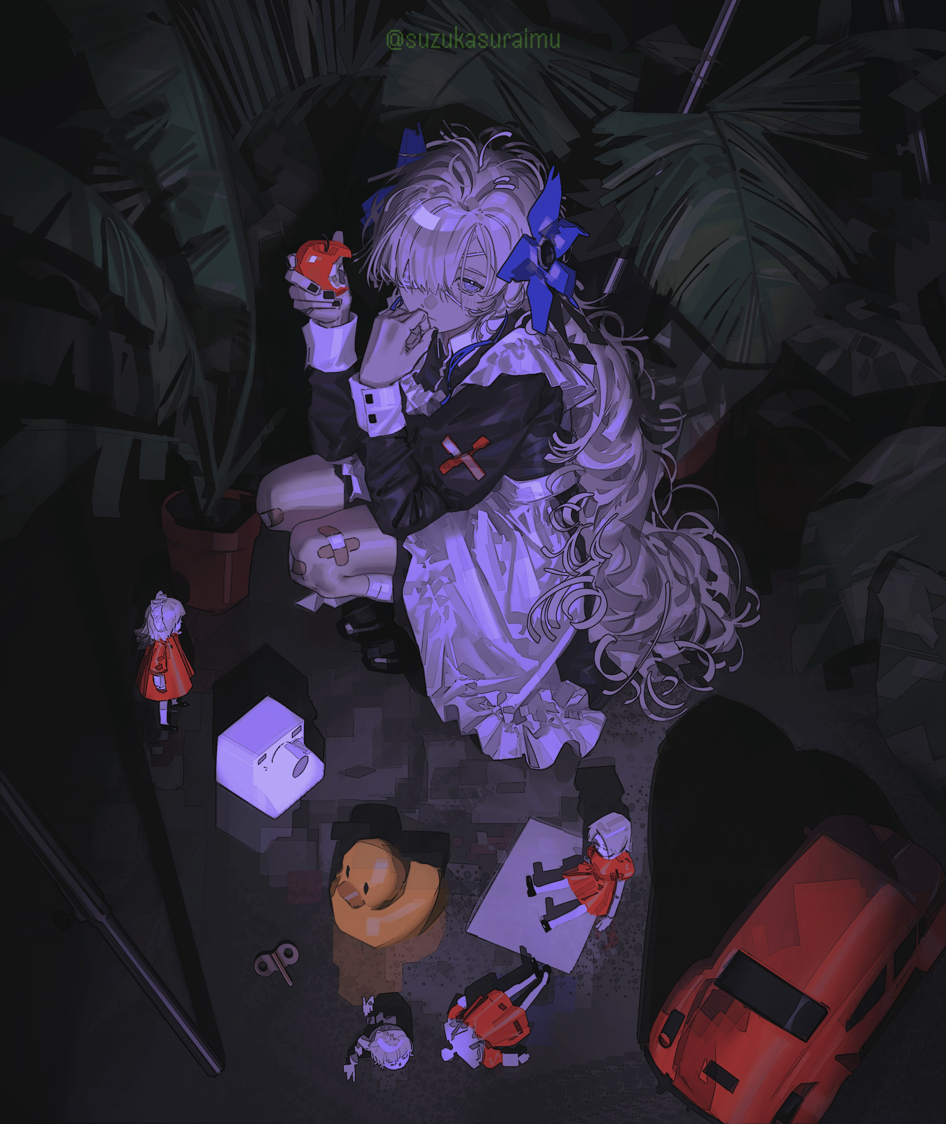 suzukasuraimu, isekaijoucho, kamitsubaki studio, absurdres, highres, revision, 1girl, anemone (flower), apple, apron, bandaid, bandaid on knee, bandaid on leg, black dress, black nails, blue eyes, blue flower, crossed bandaids, dark, doll, dress, flower, food, frilled apron, frills, fruit, grey hair, hair flower, hair ornament, hair over one eye, holding, holding food, holding fruit, juliet sleeves, long hair, long sleeves, maid, maid apron, nail polish, plant, potted plant, puffy sleeves, rubber duck, sleeve cuffs, solo, squatting, toy car, twitter username, very long hair, virtual youtuber, white apron