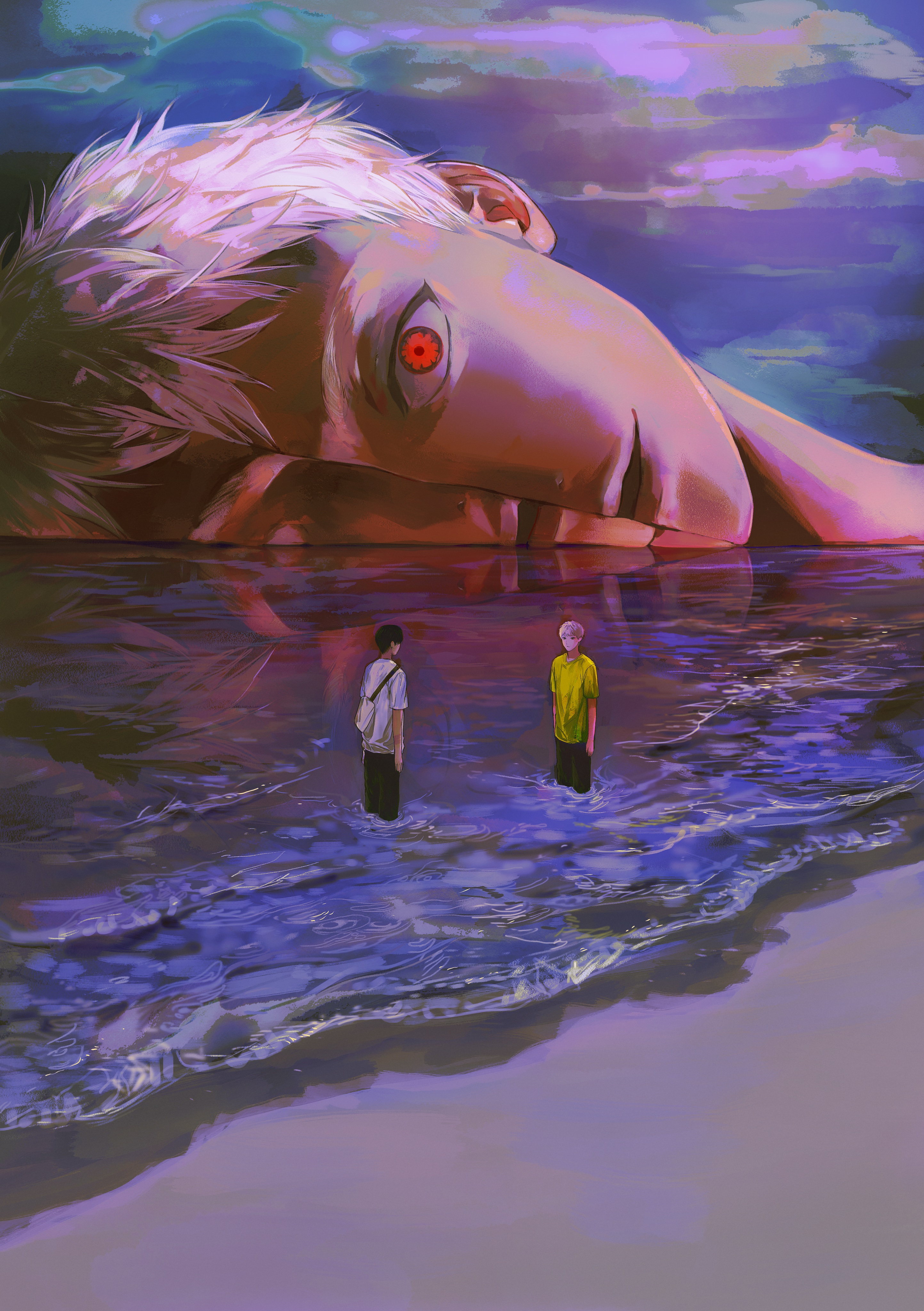 indou hikaru, tsujinaka yoshiki, hikaru ga shinda natsu, neon genesis evangelion, the end of evangelion, absurdres, hashtag-only commentary, highres, 2boys, bag, beach, black hair, black pants, carl 4, crossbody bag, green shirt, male focus, multiple boys, ocean, pants, red eyes, sand, shirt, short hair, standing, wading, white hair, white shirt