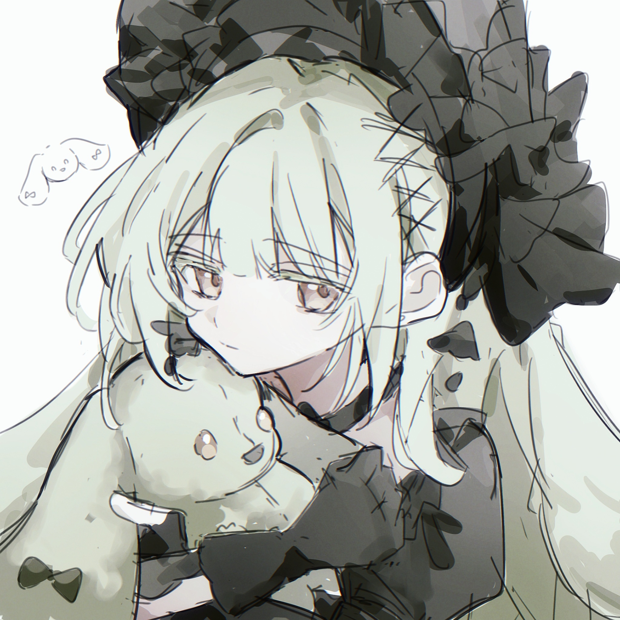 nekooooowo, wakaba mutsumi, bang dream!, bang dream! it's mygo!!!!!, chinese commentary, commentary request, highres, 1girl, animal ears, black bonnet, black bow, black choker, black gloves, bonnet, bow, choker, closed mouth, expressionless, floppy ears, gloves, gothic lolita, green hair, hair ornament, holding, holding stuffed toy, lolita fashion, long hair, looking at viewer, rabbit ears, rabbit girl, sidelocks, simple background, solo, stuffed animal, stuffed rabbit, stuffed toy, upper body, wakaba mutsumi (marionette's id), white background, x hair ornament, yellow eyes