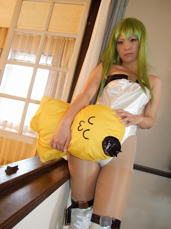 kohina, c.c., code geass, photo (medium), cosplay, green hair, stuffed animal, stuffed toy, swimsuit, thighhighs
