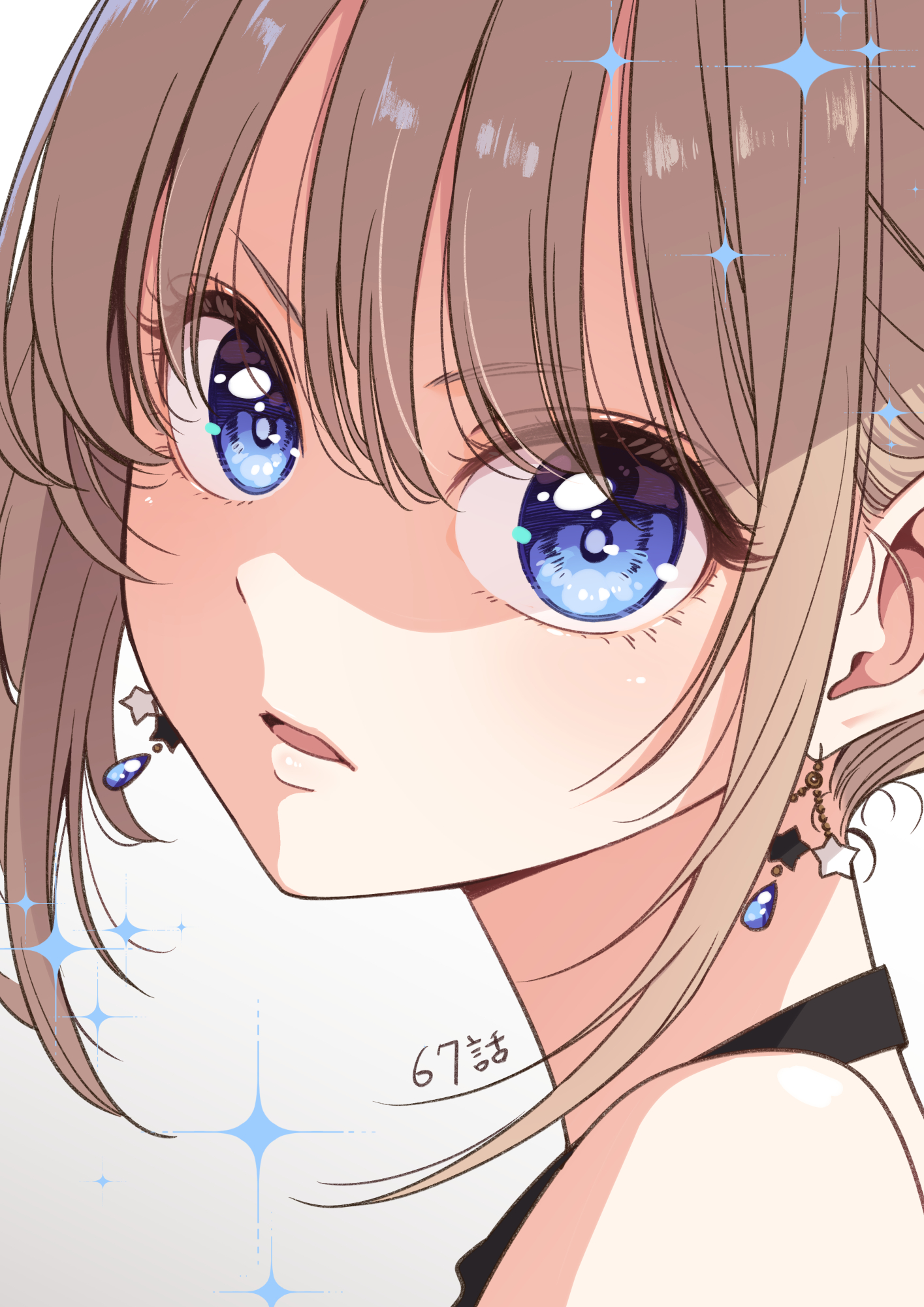 tokunou shoutarou, kokonoe karin, idol x idol story!, highres, 1girl, black dress, blonde hair, blue eyes, dress, earrings, jewelry, ponytail, star (symbol), star earrings, teardrop earrings