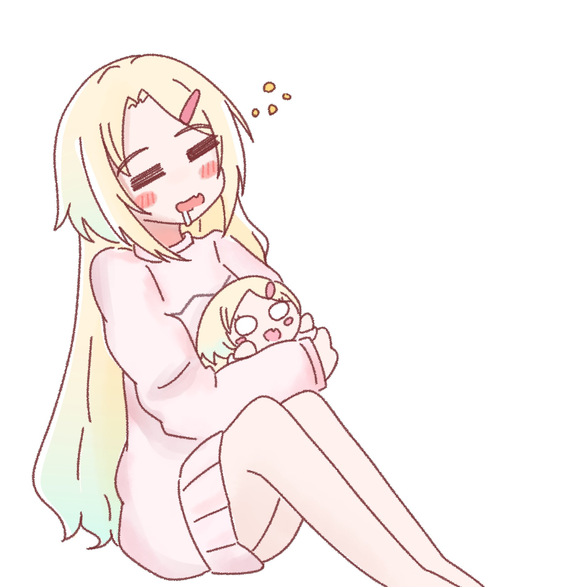 amado (amaddo club), osawa rurino, link! like! love live!, love live!, commentary, highres, 1girl, = =, aqua hair, blonde hair, character doll, closed eyes, curtained hair, doll, dress, feet out of frame, gradient hair, hair ornament, hairclip, multicolored hair, nesoberi, official alternate costume, osawa rurino (sega lucky lottery sleepwear), parted bangs, pink dress, pink sweater, simple background, sleeping, sleeping upright, sleeveless, sleeveless dress, solo, squeans, sweater, sweater dress, virtual youtuber, white background