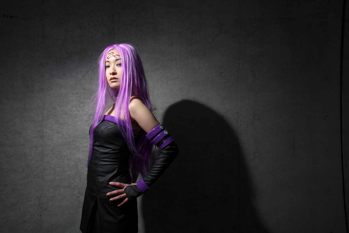 medusa (fate), medusa (rider) (fate), rui (model), fate/stay night, fate (series), photo (medium), collar, cosplay, dress, elbow gloves, gloves, purple hair