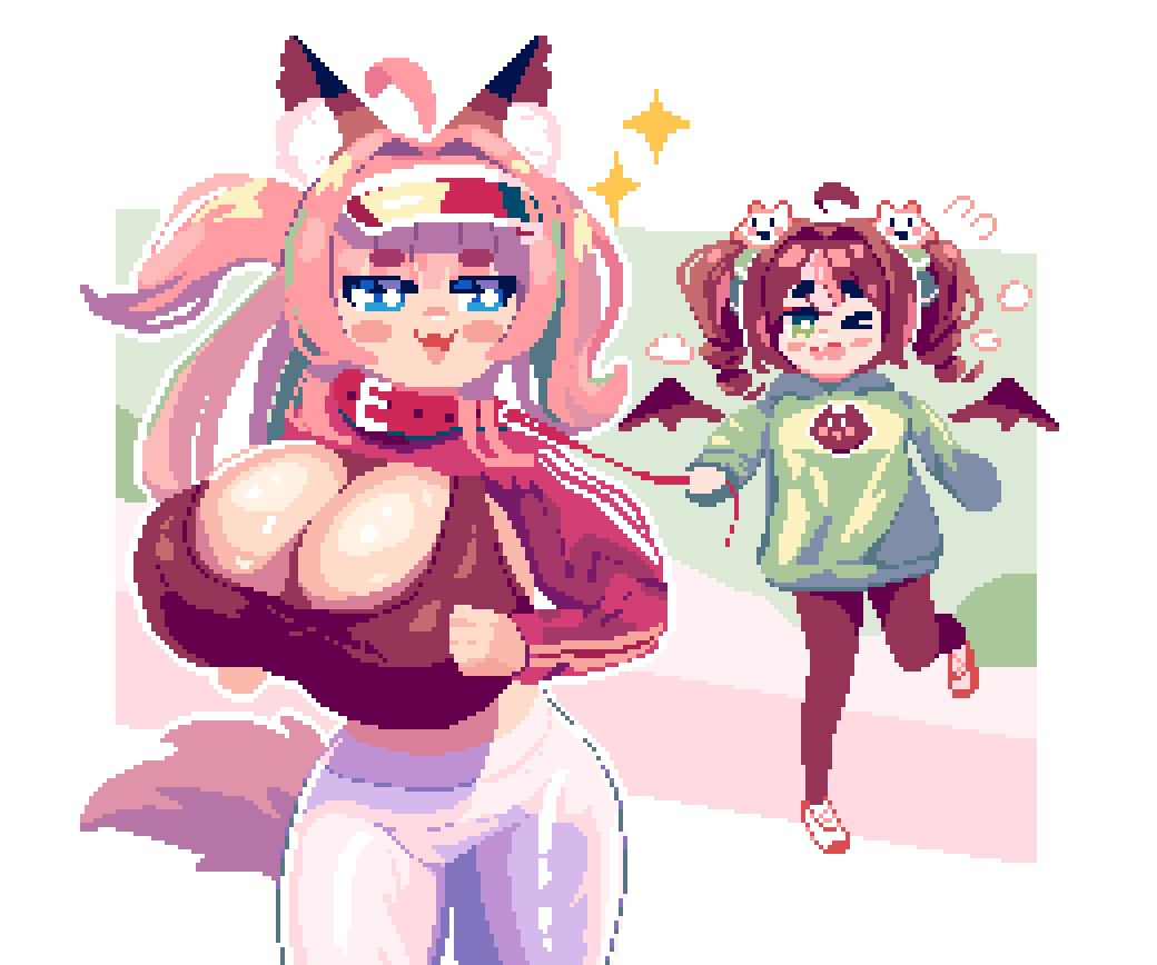 original, 2girls, ahoge, animal ear fluff, animal ears, bat wings, blue eyes, blush stickers, breasts, bright pupils, brown hair, cleavage, collar, drill hair, green eyes, hood, hoodie, huge breasts, kaede (poppo), leash, long hair, multiple girls, one eye closed, pants, pink hair, pixel art, poppo (poppo), poppo (x poppo x), red collar, running, shrug (clothing), sports bra, tail, tight clothes, tight pants, twin drills, white pants, white pupils, wings, wolf ears, wolf girl, wolf tail