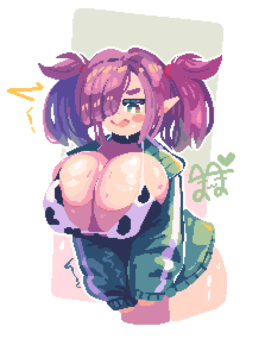 original, animal print, bikini, blush stickers, borrowed character, breasts, cleavage, cow print, cow print bikini, cropped legs, elf, hair over one eye, hikimayu, huge breasts, jacket, medium hair, open clothes, open jacket, pixel art, pointy ears, poppo (x poppo x), print bikini, purple hair, sleeves past wrists, swimsuit, track jacket, twintails, wet