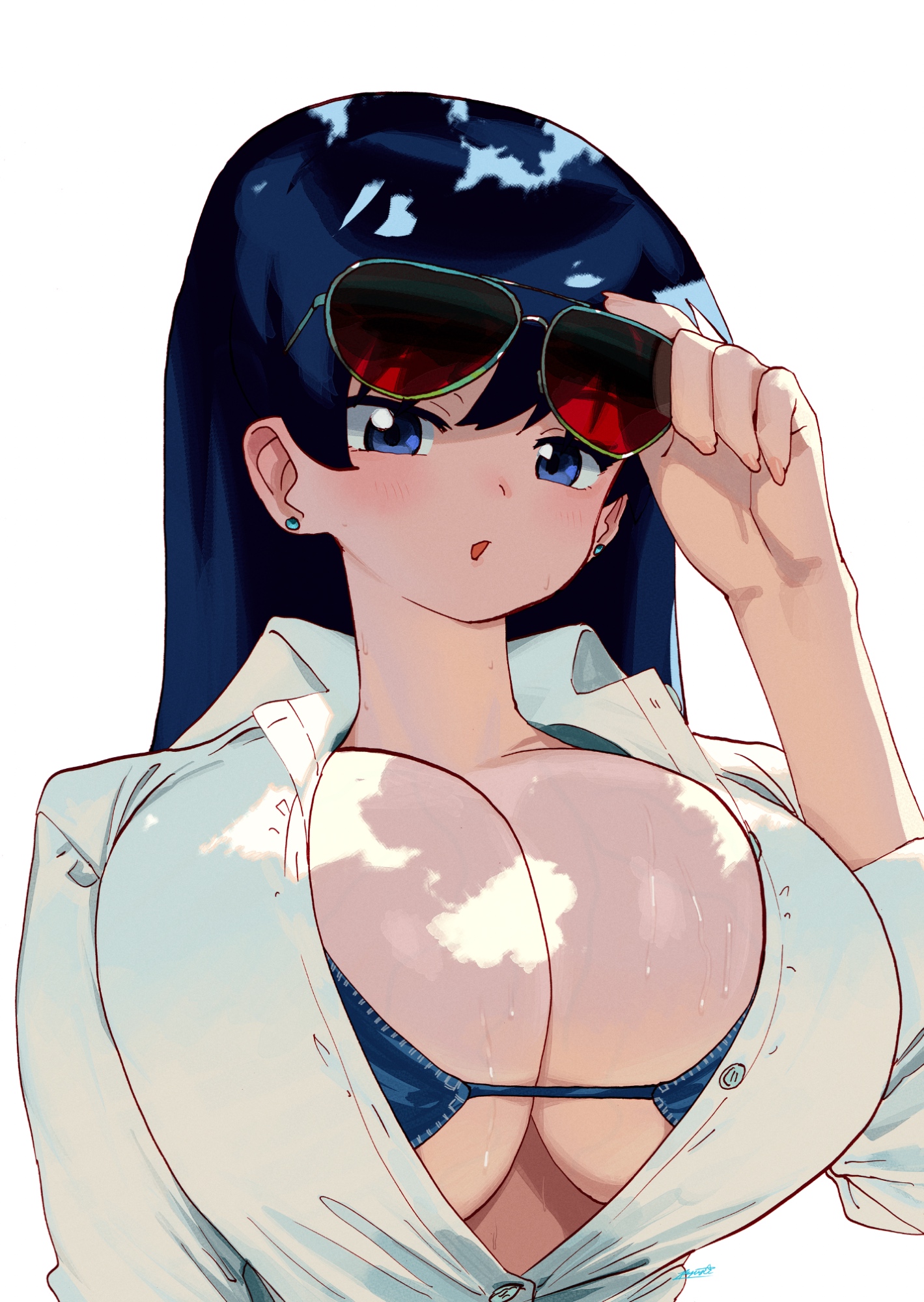 ryusei hashida, arato nagi, ruri no houseki, highres, 1girl, bikini, bikini under clothes, black hair, blue eyes, breasts, cleavage, ear piercing, large breasts, looking at viewer, open clothes, open shirt, piercing, simple background, sunglasses, sweat, swimsuit, swimsuit under clothes, white background