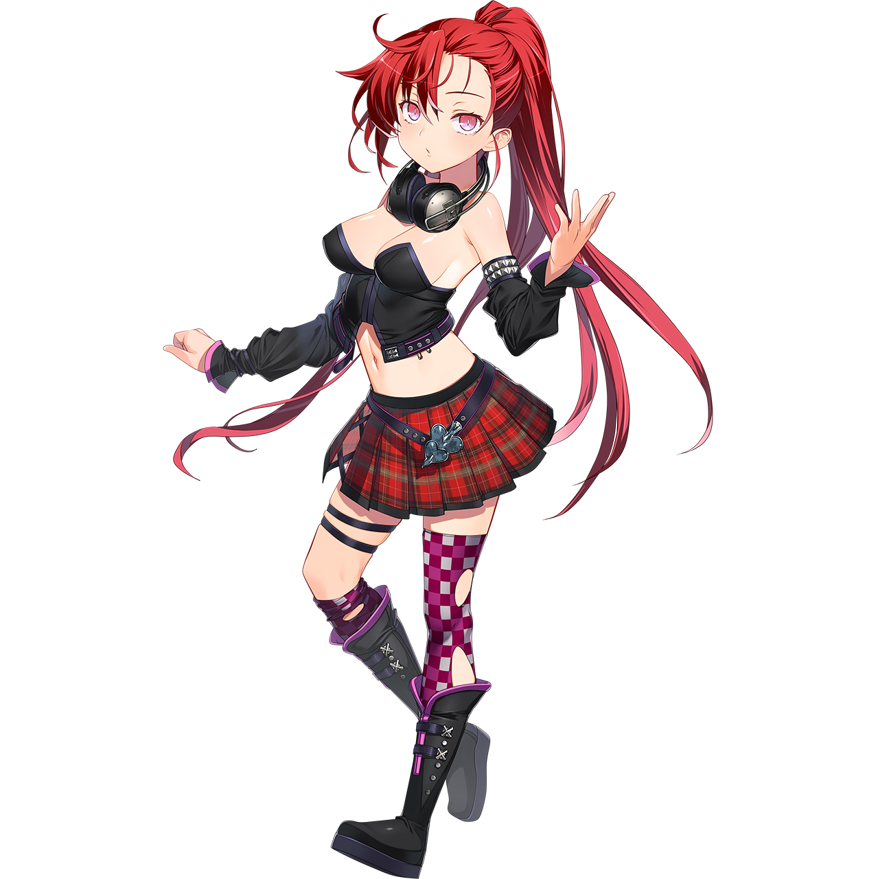 orion (orionproject), satella (rance), choukou (alicesoft), choukou taisen escalation heroines, rance (series), highres, official art, 1girl, black boots, boots, breasts, cleavage, clenched hand, crop top, detached sleeves, flannel, full body, headphones, headphones around neck, medium breasts, navel, pink eyes, ponytail, red hair, red skirt, skirt, tachi-e