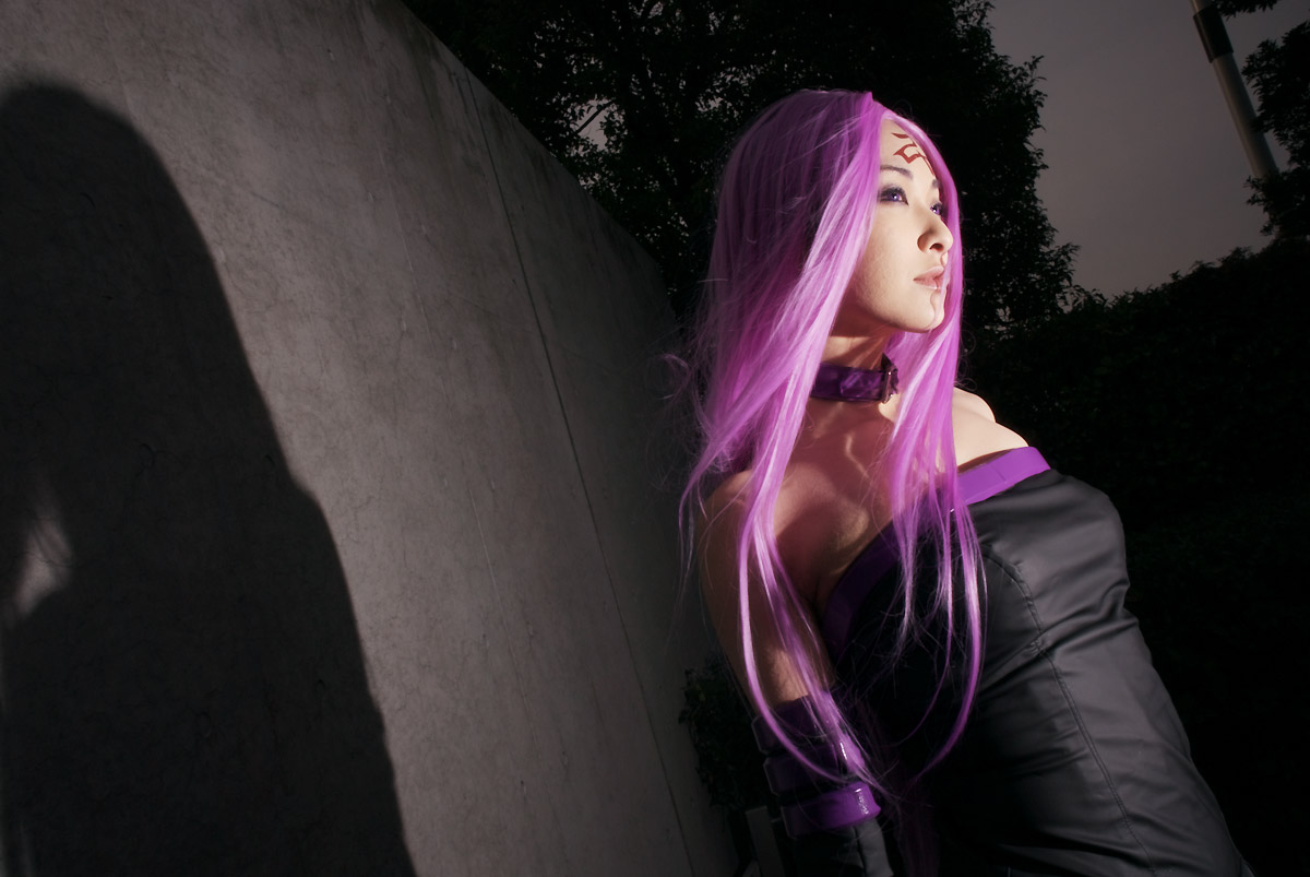 medusa (fate), medusa (rider) (fate), rui (model), fate/stay night, fate (series), photo (medium), collar, cosplay, dress, elbow gloves, gloves, purple hair