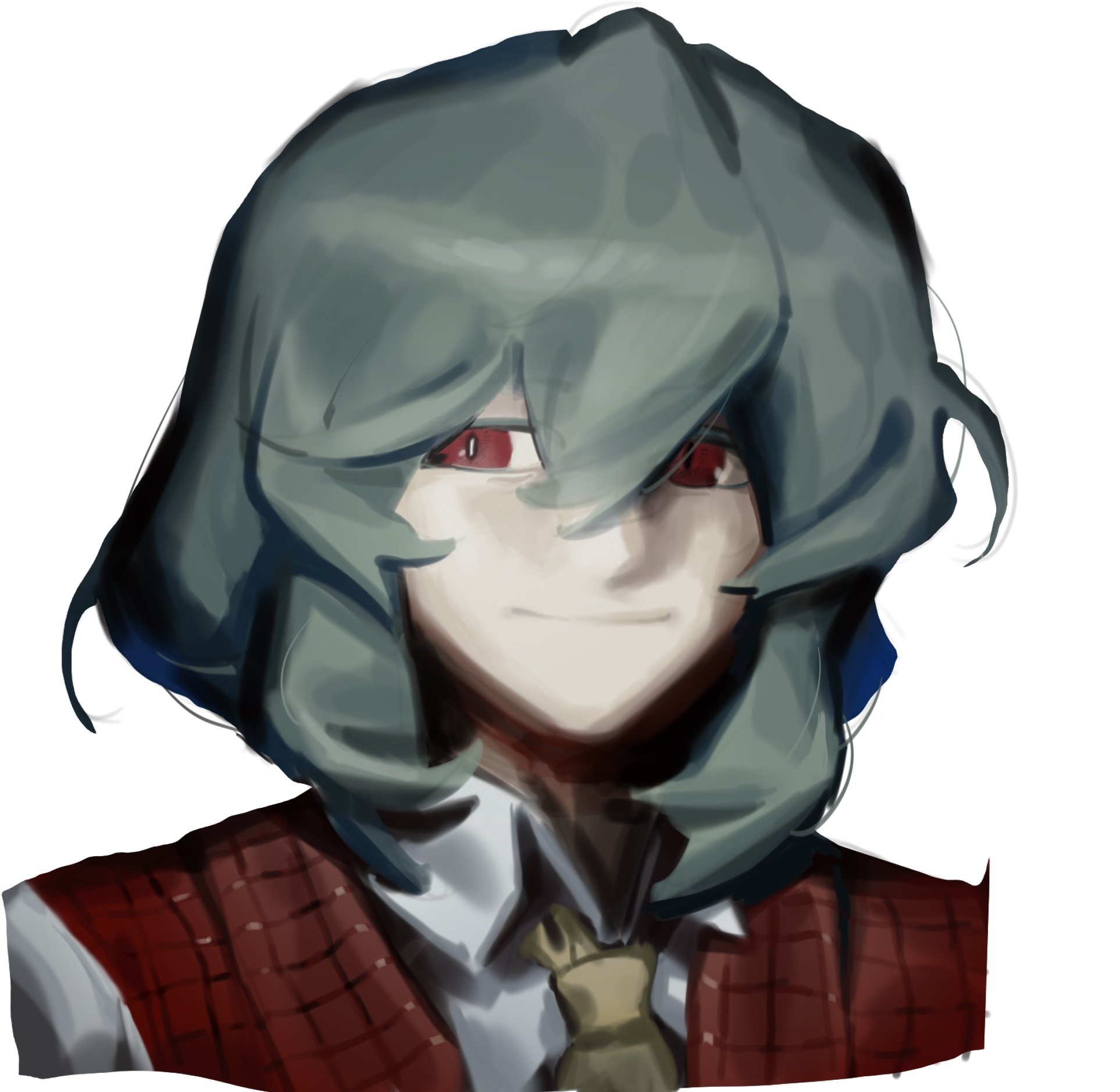 guru.zong, kazami yuuka, touhou, commentary request, highres, 1girl, bright pupils, closed mouth, collared shirt, cropped torso, green hair, hair between eyes, happy, looking at viewer, medium hair, necktie, plaid clothes, plaid vest, pointy nose, red eyes, red vest, shirt, simple background, smile, solo, vest, white background, white pupils, white shirt, yellow necktie