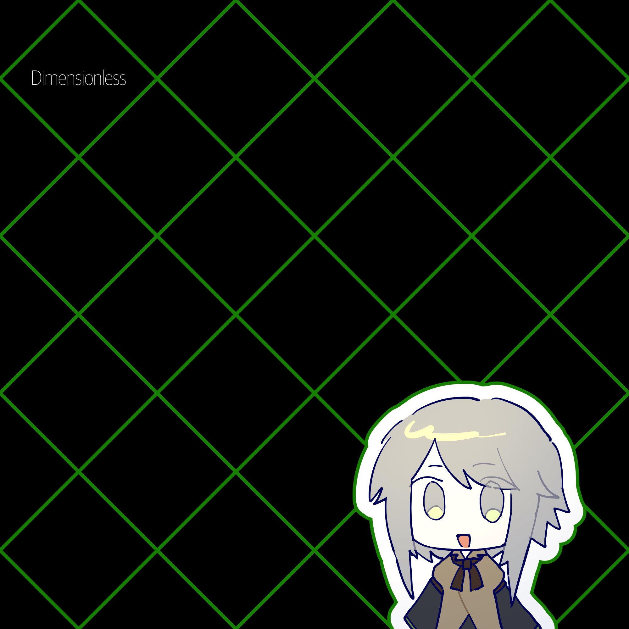 re1re133, houlen yabusame, len'en, highres, 1other, androgynous, argyle background, black background, black kimono, brown coat, brown neckerchief, chibi, coat, collared coat, cowboy shot, english text, eyes visible through hair, grey eyes, grey hair, happy, japanese clothes, kimono, lapels, layered sleeves, long sleeves, neckerchief, notched lapels, open mouth, other focus, outline, short hair with long locks, short over long sleeves, short sleeves, sidelocks, smile, solo, swept bangs, white outline, wide sleeves