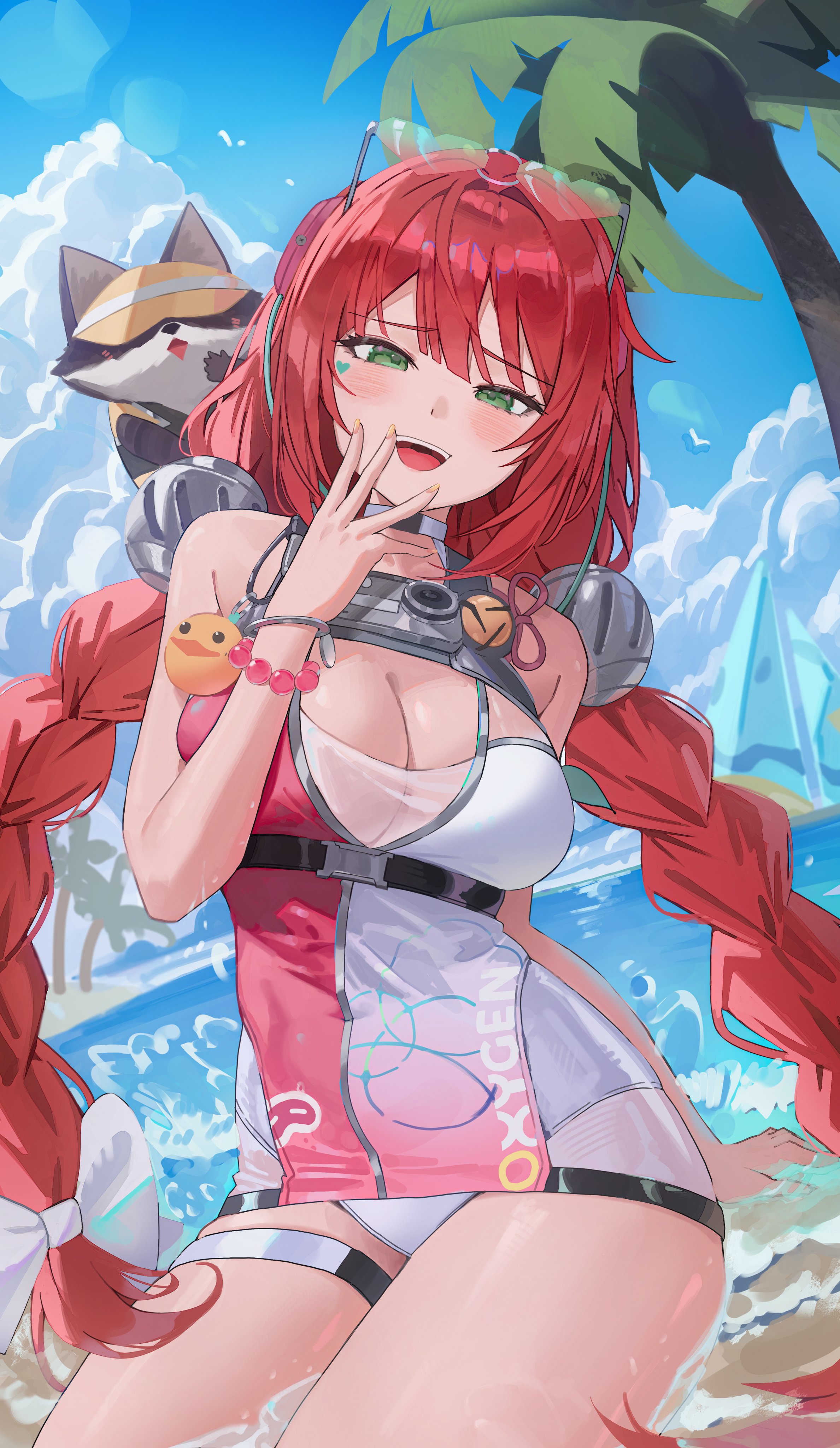 k.j., kamanosuke (zenless zone zero), ukinami yuzuha, ukinami yuzuha (tanuki in broad daylight), zenless zone zero, braided twintails, absurdres, highres, 1girl, arm support, beach, blue sky, blush, braid, breasts, camera, camera around neck, cleavage, cloud, cloudy sky, day, dress swimsuit, eyewear on head, facial mark, gradient-tinted eyewear, green eyes, hair ornament, hair ribbon, hand to own mouth, hearing aid, heart, heart-shaped eyewear, heart facial mark, long hair, looking at viewer, low twin braids, ocean, official alternate costume, one-piece swimsuit, outdoors, pink one-piece swimsuit, raccoon, red hair, ribbon, sitting, sky, smile, solo, sphere hair ornament, swimsuit, tanuki, thigh strap, tinted eyewear, tree, twin braids, twintails, two-tone one-piece swimsuit, very long hair, water, wet, white one-piece swimsuit
