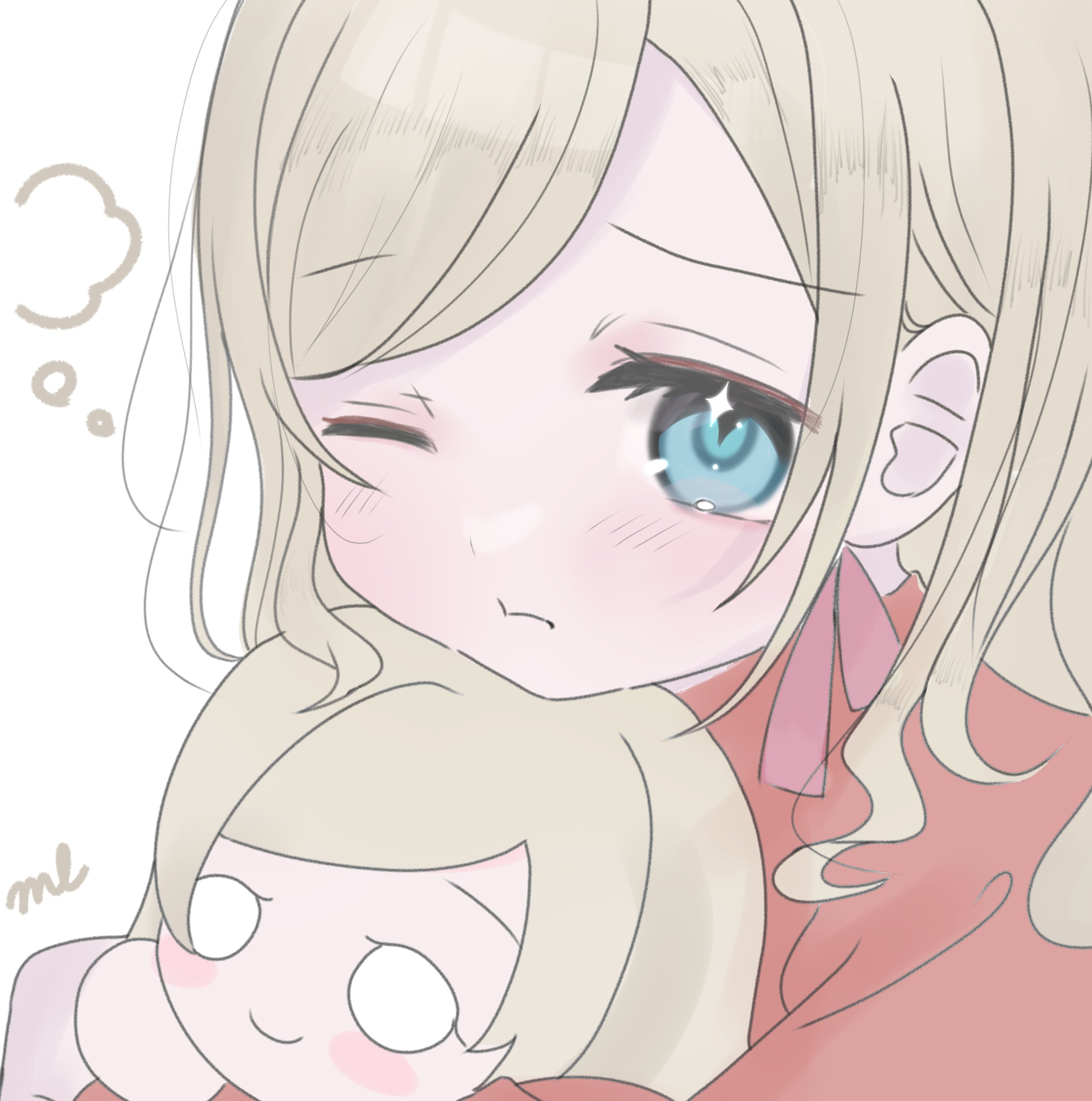 ceras yanagida lilienfeld, link! like! love live!, love live!, absurdres, commentary request, highres, 1girl, :t, blue eyes, blush, ceras yanagida lilienfeld (sega lucky lottery sleepwear), character doll, closed mouth, doll, frown, grey hair, hair ribbon, hugging doll, hugging object, long hair, looking at viewer, melty 166cm, nesoberi, official alternate costume, pink ribbon, red sweater, ribbon, simple background, smile, solo, sweater, virtual youtuber, white background