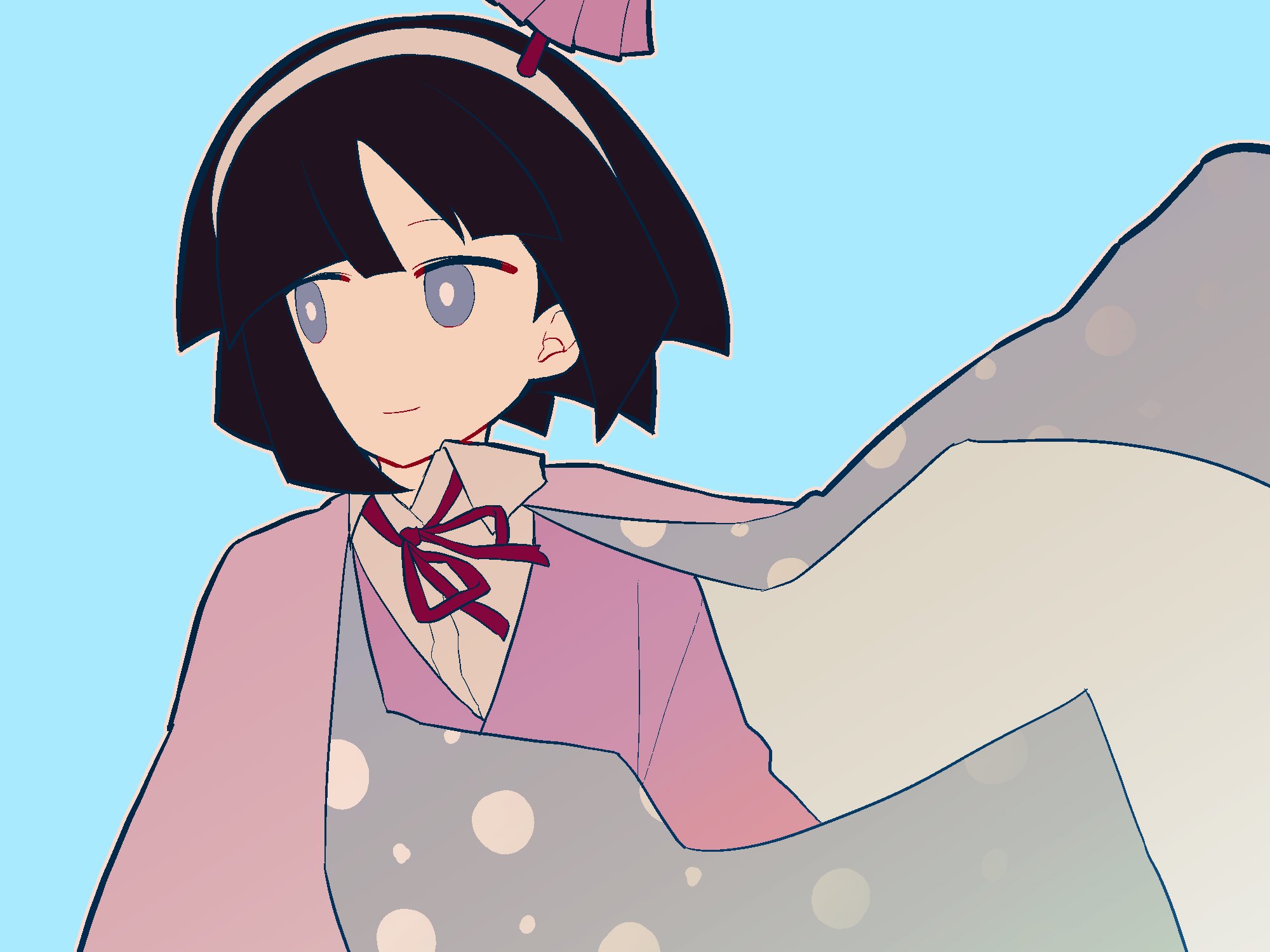re1re133, amanomiya jun, len'en, highres, 1other, androgynous, black hair, blue background, blue eyes, blunt bangs, bright pupils, cape, closed mouth, collared shirt, flat color, floating clothes, floating hair, grey cape, hairband, japanese clothes, kimono, neck ribbon, other focus, outline, parted bangs, pink cape, pink kimono, polka dot cape, red ribbon, ribbon, shirt, short hair, simple background, smile, solo, two-sided cape, two-sided fabric, umbrella hair ornament, upper body, white hairband, white outline, white pupils, white shirt, wind