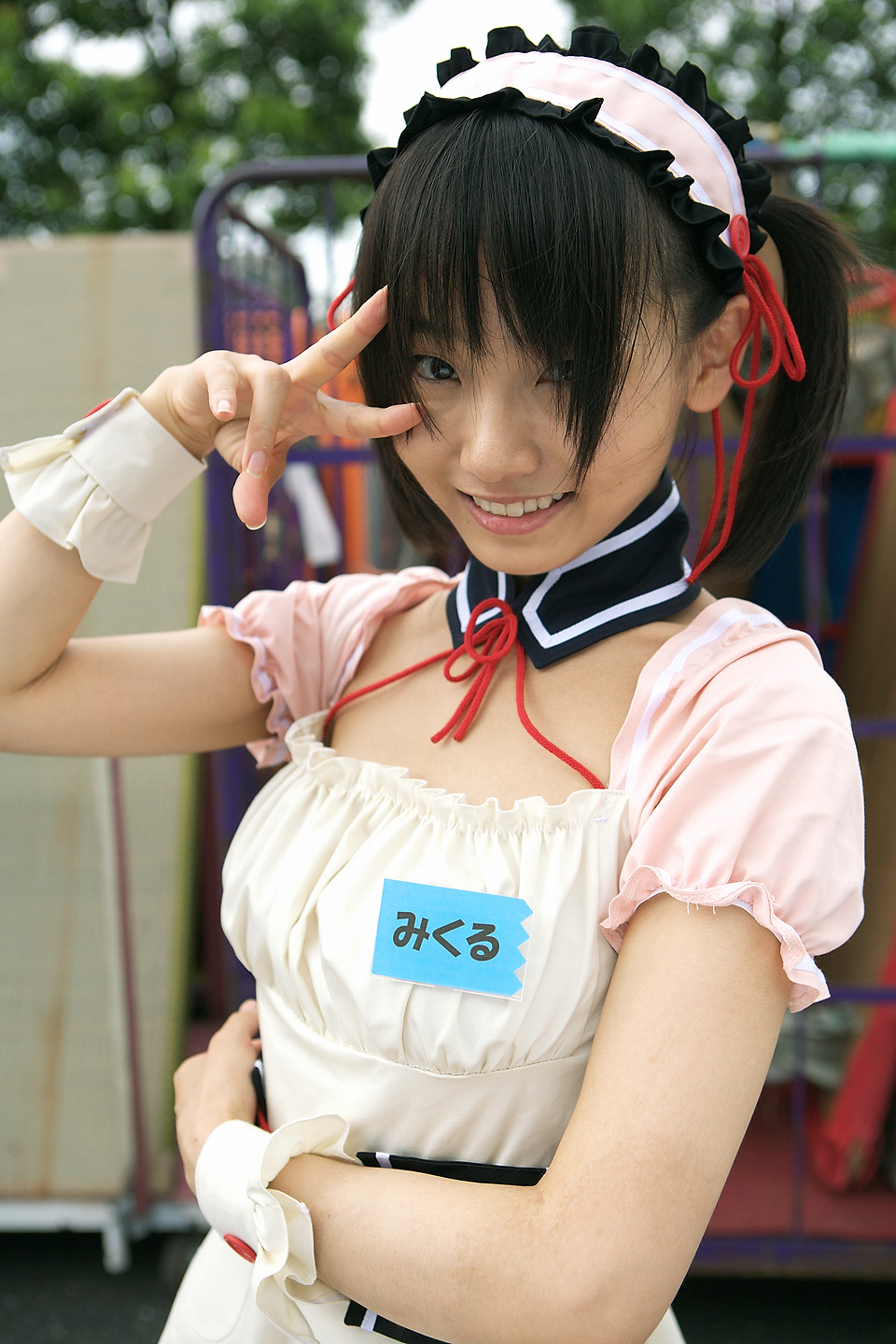 asahina mikuru, matsunaga ayaka, suzumiya haruhi no yuuutsu, highres, photo (medium), apron, cosplay, hair ribbon, ribbon, waitress, waitress uniform