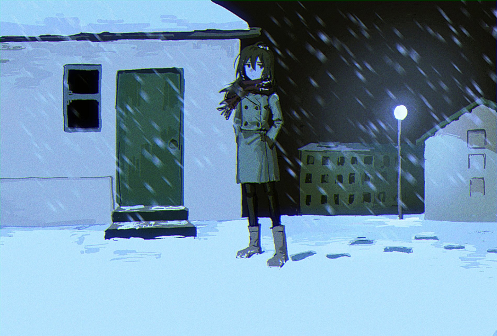 highres, 1girl, black eyes, black hair, black pantyhose, boots, brown boots, brown coat, buttons, ccccorrosive, closed mouth, coat, collared coat, door, expressionless, fringe trim, full body, ghostpia, hair between eyes, hands in pockets, house, lamppost, long sleeves, looking at viewer, night, outdoors, pantyhose, red scarf, sayoko (ghostpia), scarf, short hair, snow, snowing, solo, stairs, standing, winter, winter clothes