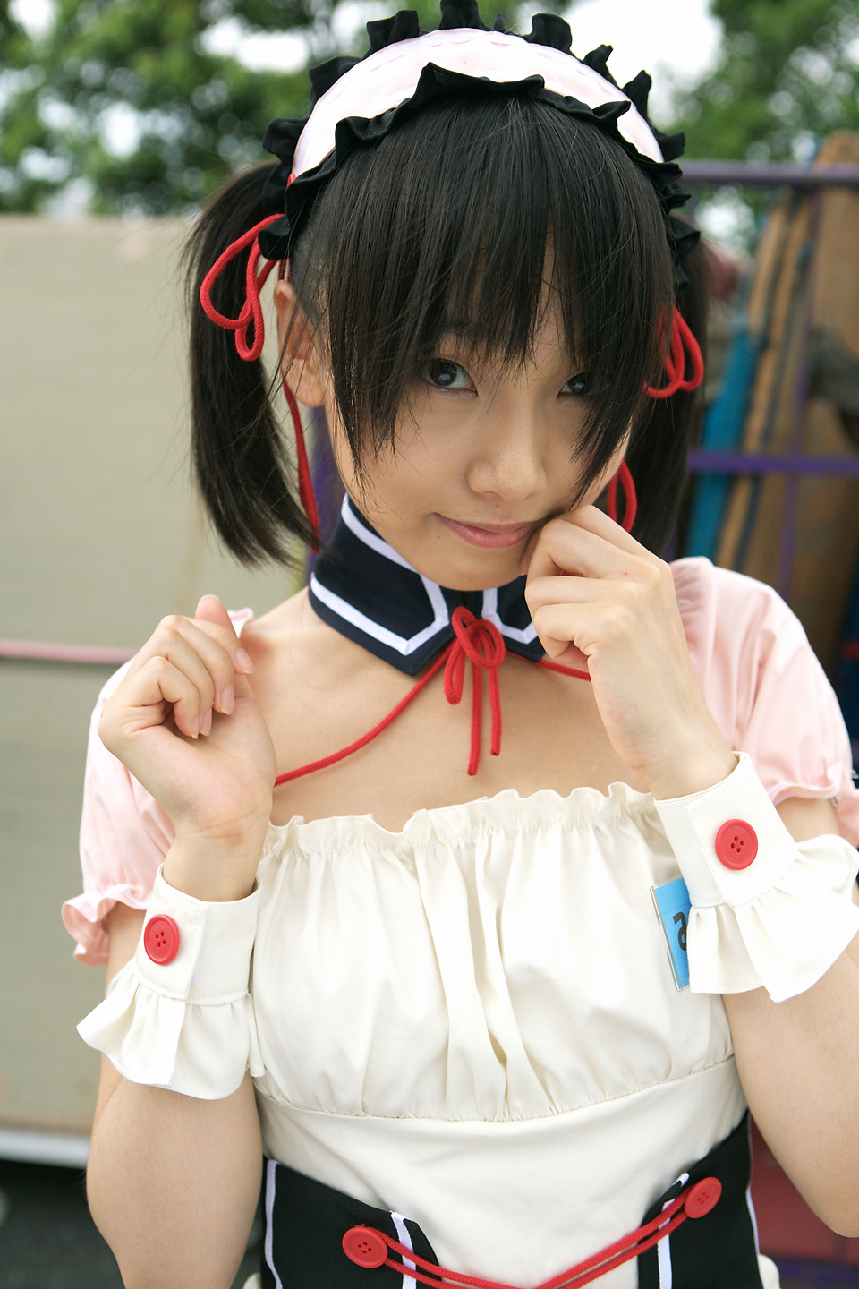 asahina mikuru, matsunaga ayaka, suzumiya haruhi no yuuutsu, highres, photo (medium), apron, asian, cosplay, hair ribbon, ribbon, twintails, waitress, waitress uniform
