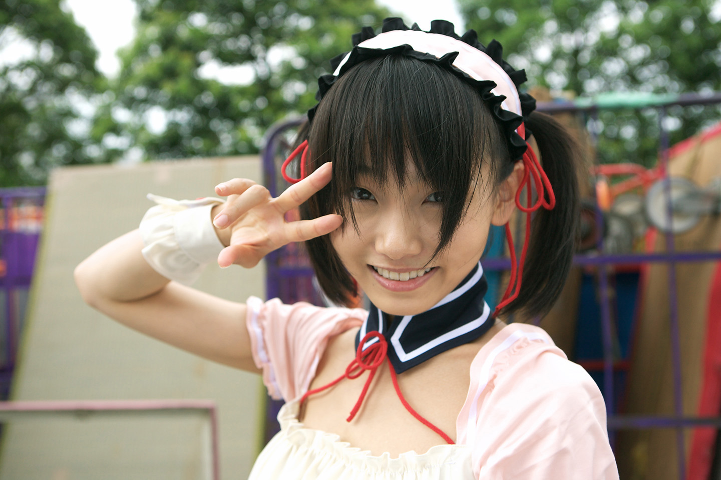 asahina mikuru, matsunaga ayaka, suzumiya haruhi no yuuutsu, photo (medium), apron, asian, cosplay, hair ribbon, ribbon, v, waitress, waitress uniform