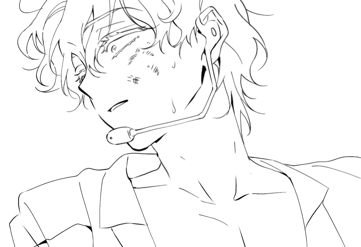 luka (alien stage), alien stage, 1boy, headset, lineart, lubya, male focus, microphone, parted lips, short hair, solo