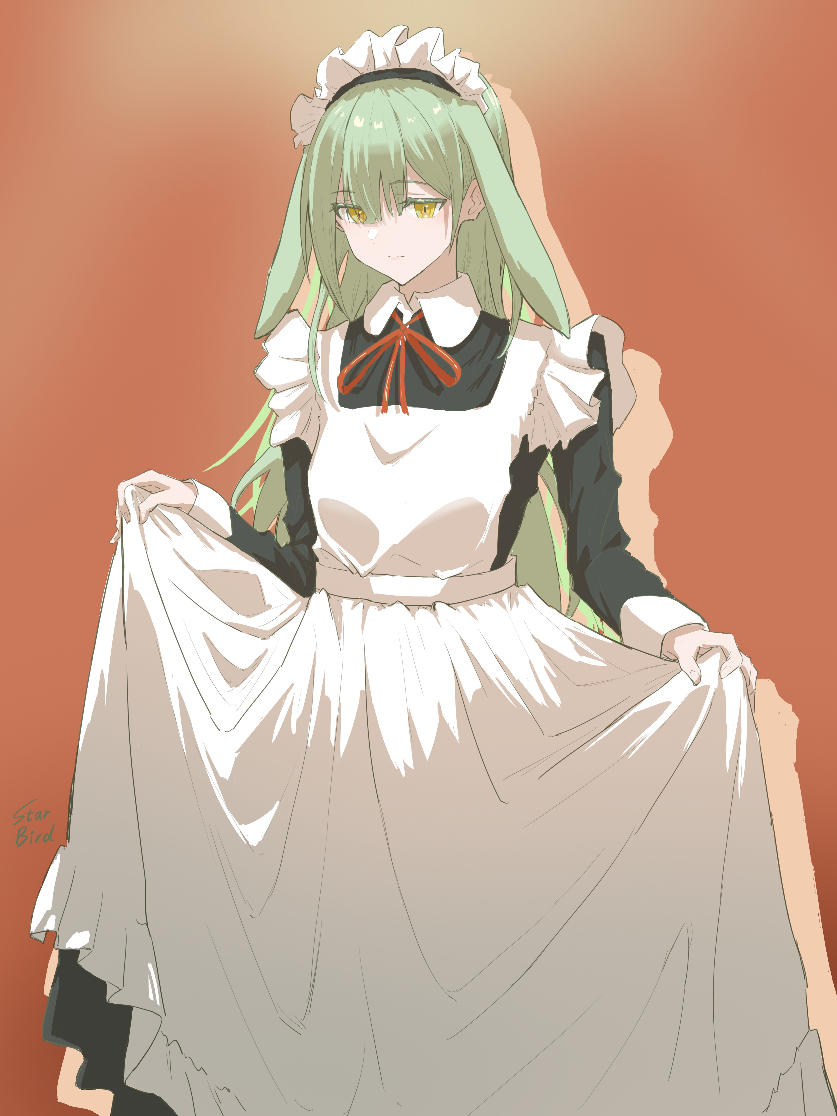 wakaba mutsumi, arknights, bang dream!, bang dream! it's mygo!!!!!, absurdres, chinese commentary, commentary request, highres, 1girl, animal ears, apron, black dress, closed mouth, collared dress, dress, floppy ears, frilled apron, frills, green hair, long hair, long sleeves, looking at viewer, maid, maid headdress, neck ribbon, rabbit ears, rabbit girl, red ribbon, ribbon, sidelocks, skirt hold, solo, wakaba mutsumi (marionette's id), white apron, wrist cuffs, xing niao starbird, yellow eyes
