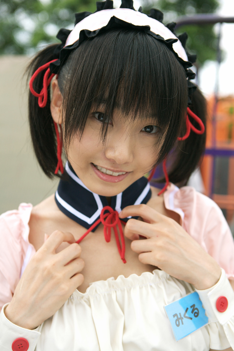 asahina mikuru, matsunaga ayaka, suzumiya haruhi no yuuutsu, highres, photo (medium), apron, asian, cosplay, hair ribbon, ribbon, twintails, waitress, waitress uniform