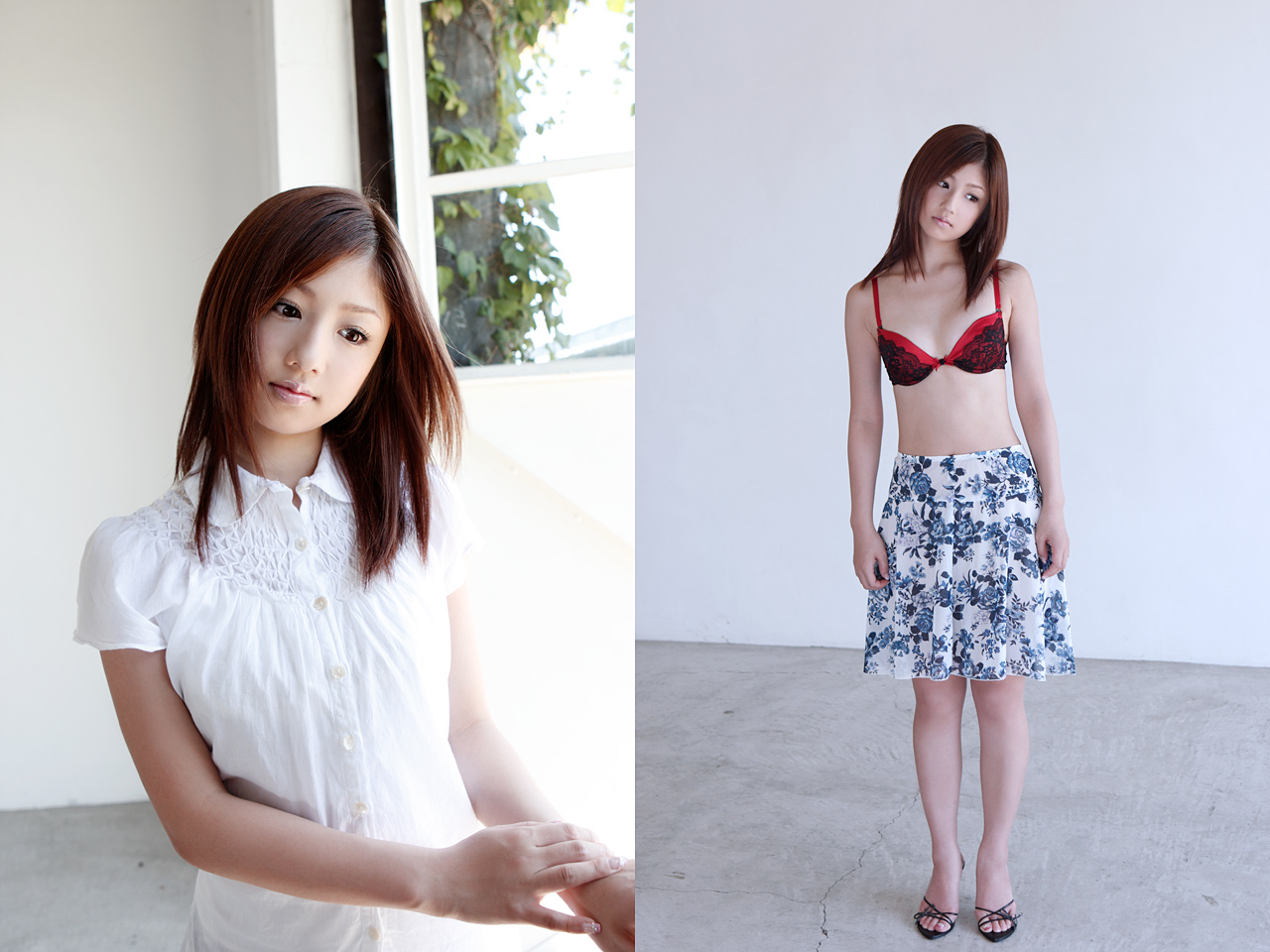 ogura yuuko, holy and bright, photo (medium), blouse, bra, lingerie, sandals, shirt, skirt, underwear