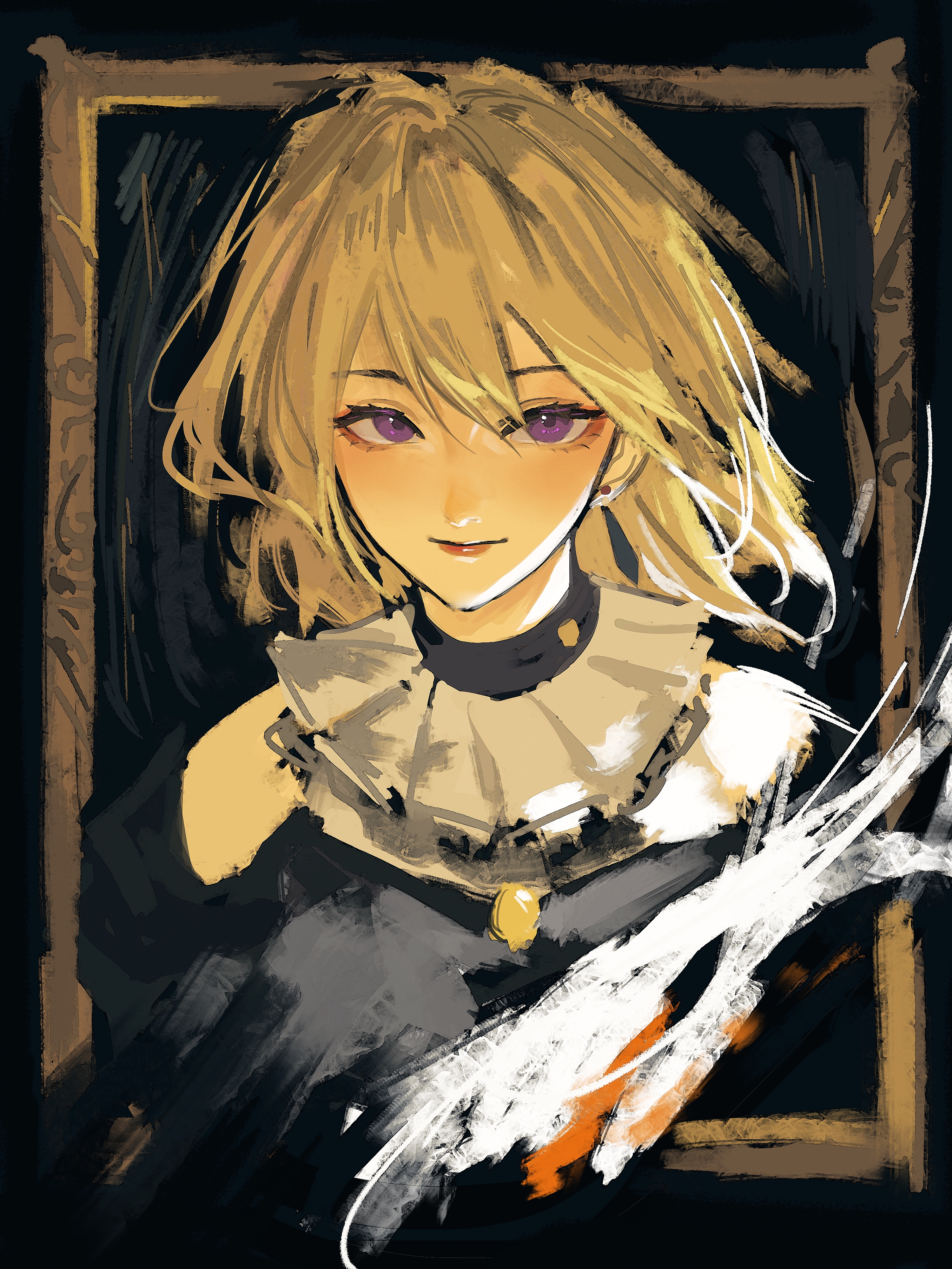 ye ran ye, doloris (bang dream!), misumi uika, bang dream!, bang dream! it's mygo!!!!!, absurdres, chinese commentary, commentary request, highres, 1girl, bare shoulders, black background, blonde hair, closed mouth, earrings, hair between eyes, jewelry, looking at viewer, medium hair, picture frame, purple eyes, red lips, smile, solo, upper body