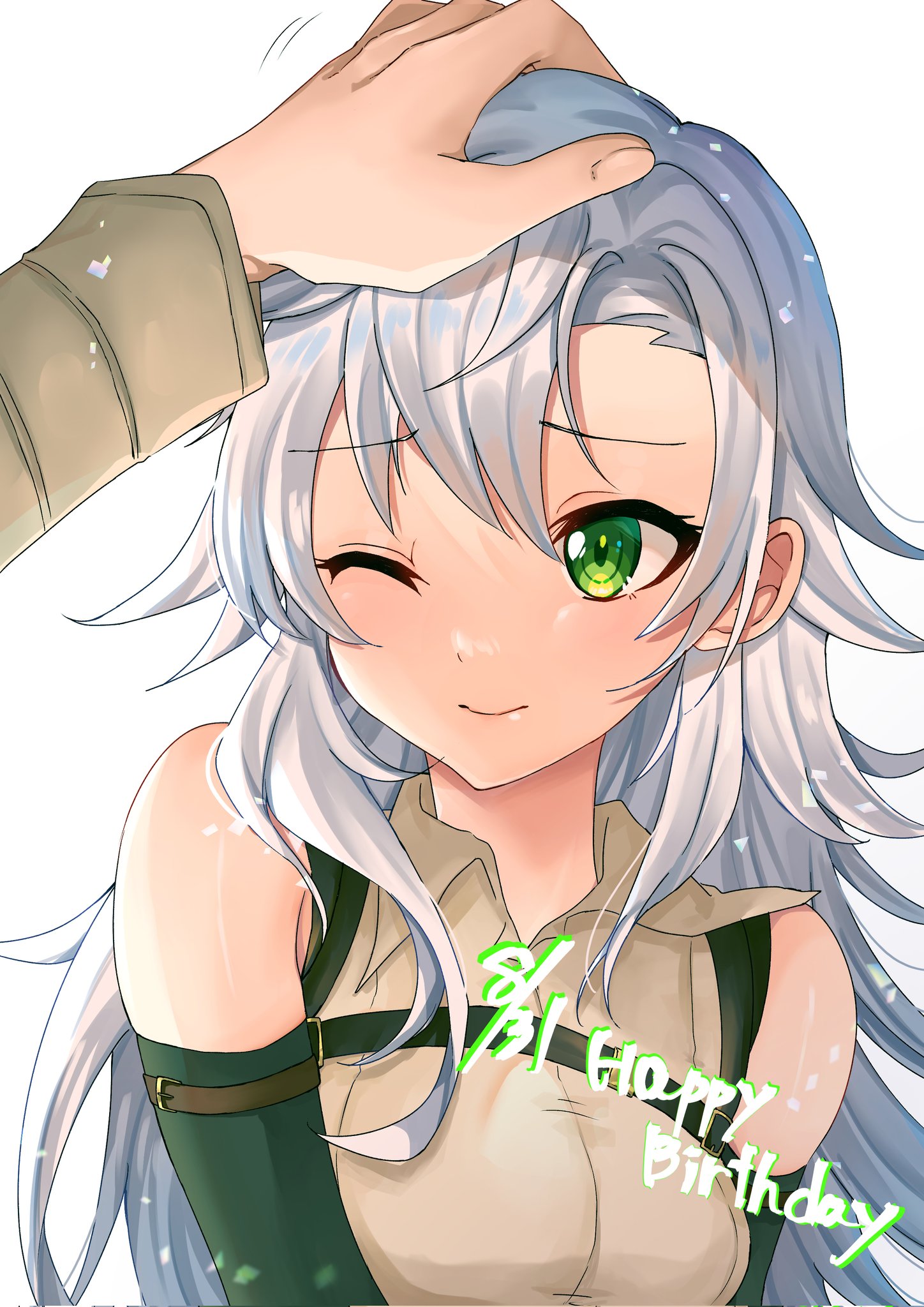 nu bo bo o, fie claussell, rean schwarzer, eiyuu densetsu, kai no kiseki, kuro no kiseki (series), highres, 1boy, 1girl, bare shoulders, blush, breasts, curtained hair, dated, detached sleeves, english text, green eyes, hair between eyes, happy birthday, headpat, medium breasts, one eye closed, parted bangs, pov, pov hands, simple background, white background, white hair