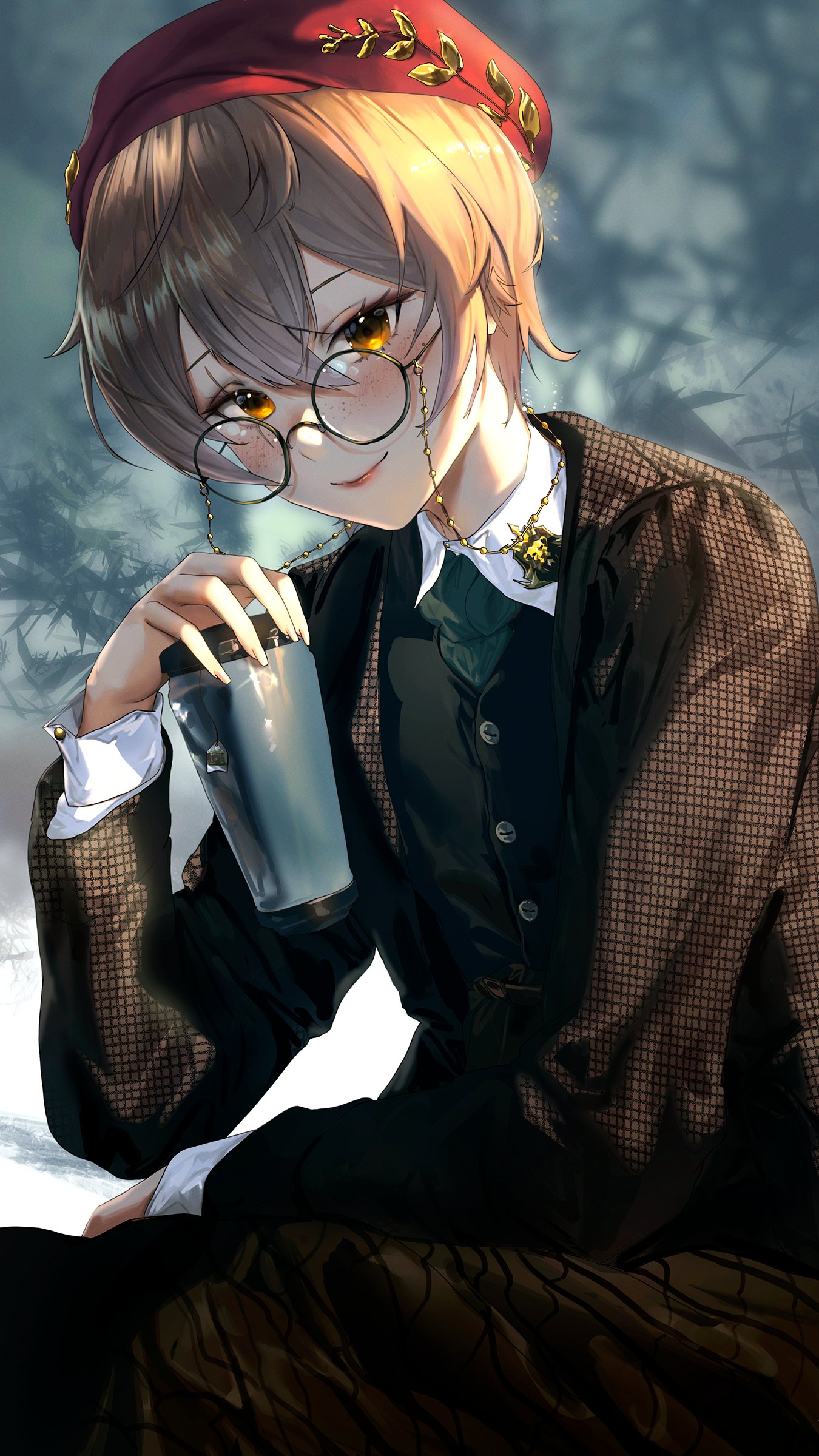 mn374390, clio aite, phase connect, absurdres, highres, beret, black vest, blazer, brown hair, cup, freckles, glasses, hat, holding, holding cup, jacket, scar, scar across eye, scar on face, shirt, smile, vest, virtual youtuber, white shirt
