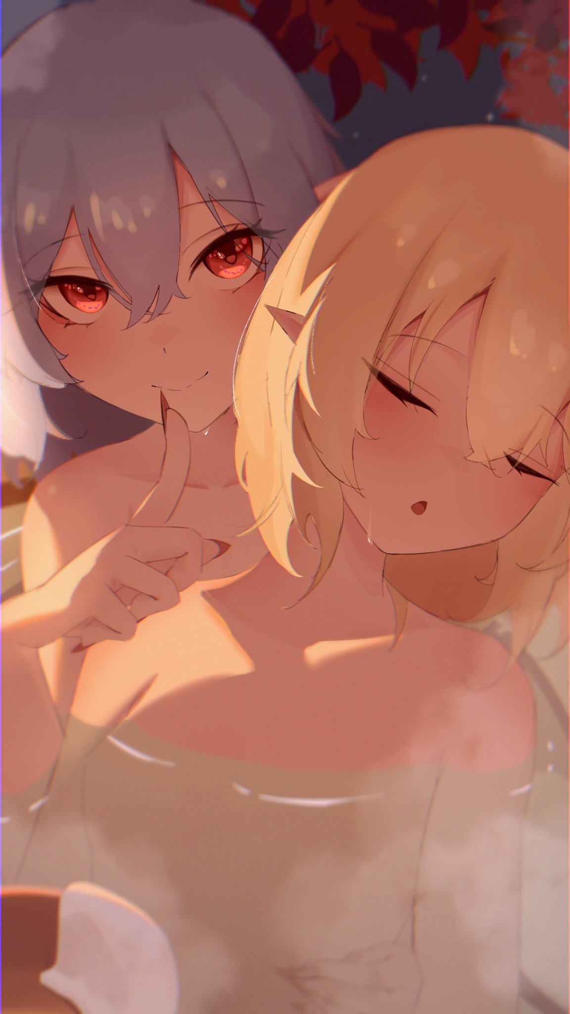 25omega25, flandre scarlet, remilia scarlet, touhou, highres, 2girls, bathing, blonde hair, blue hair, closed eyes, completely nude, flat chest, hair down, looking at viewer, medium hair, multiple girls, no headwear, no nipples, nude, partially submerged, pointy ears, red eyes, red nails, siblings, sisters, sleeping, smile, steam, upper body, wet