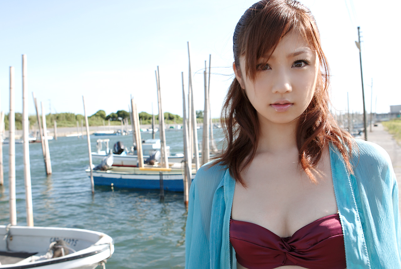 ogura yuuko, holy and bright, photo (medium), bikini, bikini top only, open clothes, open shirt, shirt, swimsuit