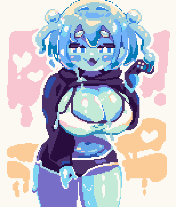 original, 1girl, :3, black hoodie, black shorts, blue eyes, borrowed character, breasts, bright pupils, cleavage, clothes lift, heart, hikimayu, hood, hoodie, hoodie lift, large breasts, micro shorts, midriff, monster girl, navel, pixel art, poppo (x poppo x), shorts, slime girl, smile, solo, sports bra, white pupils, white sports bra