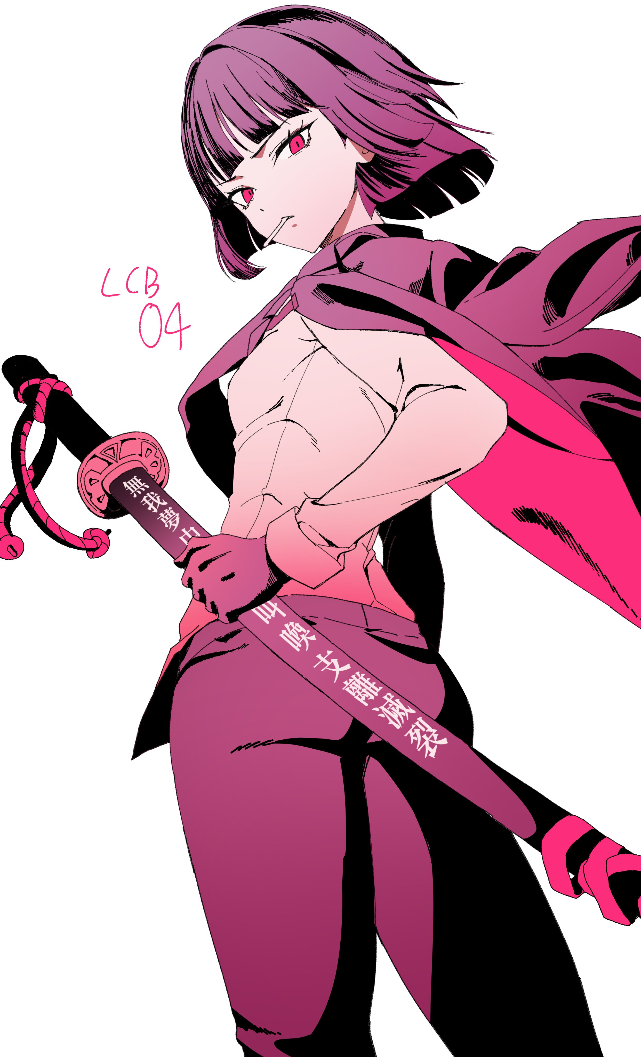 gogoco, ryoshu (project moon), limbus company, project moon, absurdres, highres, 1girl, blunt bangs, blunt ends, cigarette, cowboy shot, floating clothes, floating hair, gloves, hat, holding, holding sword, holding weapon, jacket, jacket on shoulders, katana, looking at viewer, mouth hold, pants, purple gloves, purple hat, purple jacket, purple pants, purple theme, red eyes, sheath, sheathed, shirt, short hair, simple background, solo, sword, weapon, white background, white shirt