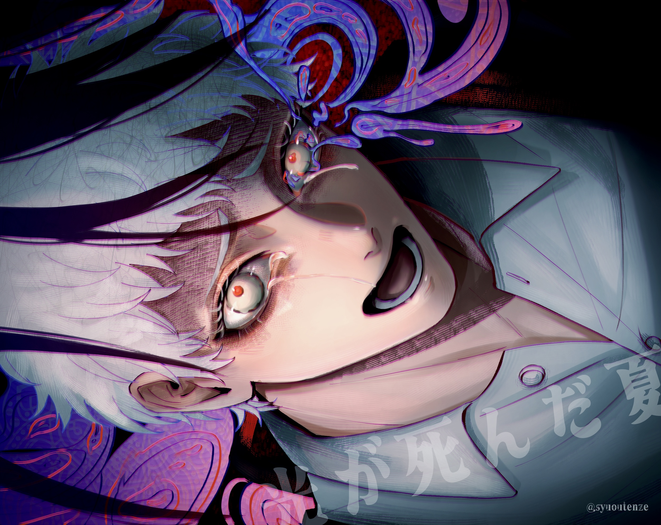 indou hikaru, tsujinaka yoshiki, hikaru ga shinda natsu, commentary request, highres, 1boy, black hair, body horror, buttons, collared shirt, colored eyelashes, copyright name, eyelashes, looking at viewer, lower body, male focus, red pupils, shirt, short hair, solo, syuoutenze, tears, tongue, twitter username, white eyelashes, white hair, white shirt