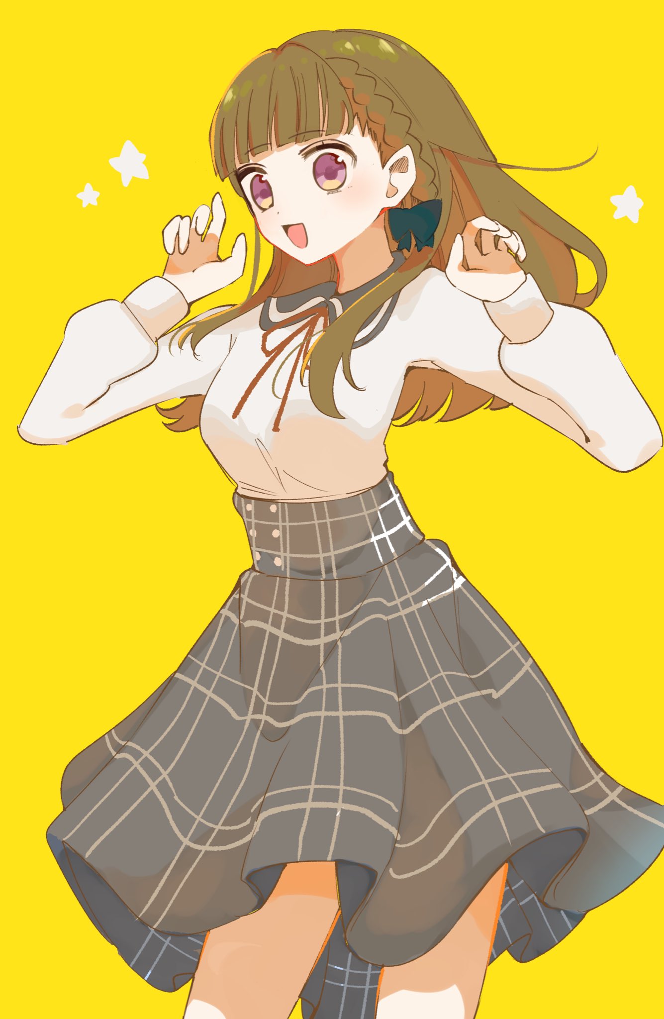 nagisa iori, kachimachi kosuzu, kachimachi kosuzu (summer casual), link! like! love live!, love live!, commentary request, highres, 1girl, :d, arms up, black bow, bow, braid, breasts, brown hair, center-flap bangs, collared shirt, contrast collar, cowboy shot, grey skirt, hair bow, long hair, long sleeves, medium breasts, miniskirt, neck ribbon, official alternate costume, open mouth, pink eyes, plaid clothes, plaid skirt, pleated skirt, red ribbon, ribbon, rounded collar, shirt, side braids, simple background, skirt, smile, solo, star (symbol), virtual youtuber, white shirt, yellow background