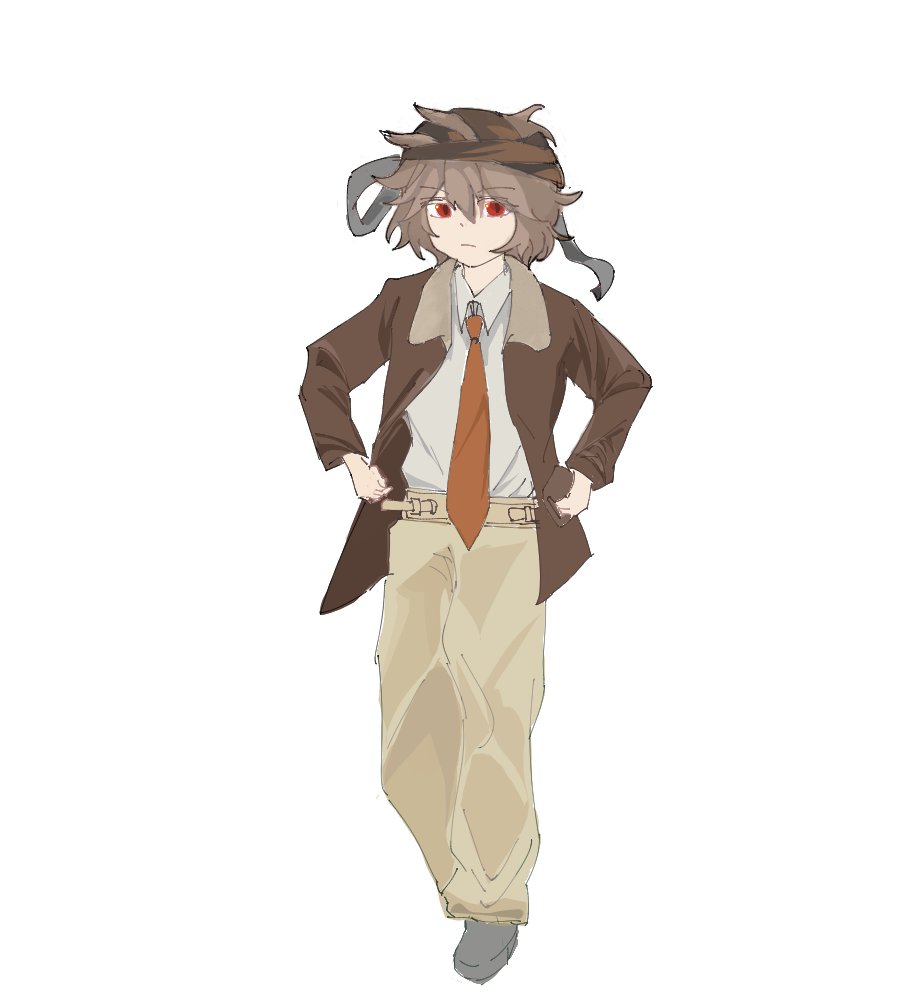 arde (len'en), kuzu suzumi, len'en, chinese commentary, commentary request, 1other, androgynous, baggy pants, bandana, black bandana, brown hair, brown jacket, closed mouth, collared jacket, collared shirt, dot nose, dress shoes, expressionless, full body, grey shoes, hair between eyes, hair through headwear, hands on own hips, high-waist pants, jacket, light frown, long sleeves, looking at viewer, messy hair, necktie, open clothes, open jacket, other focus, pants, pocket, red eyes, red necktie, shirt, shoes, short hair, simple background, solo, standing, suihha364253, tachi-e, white background, white shirt, yellow pants