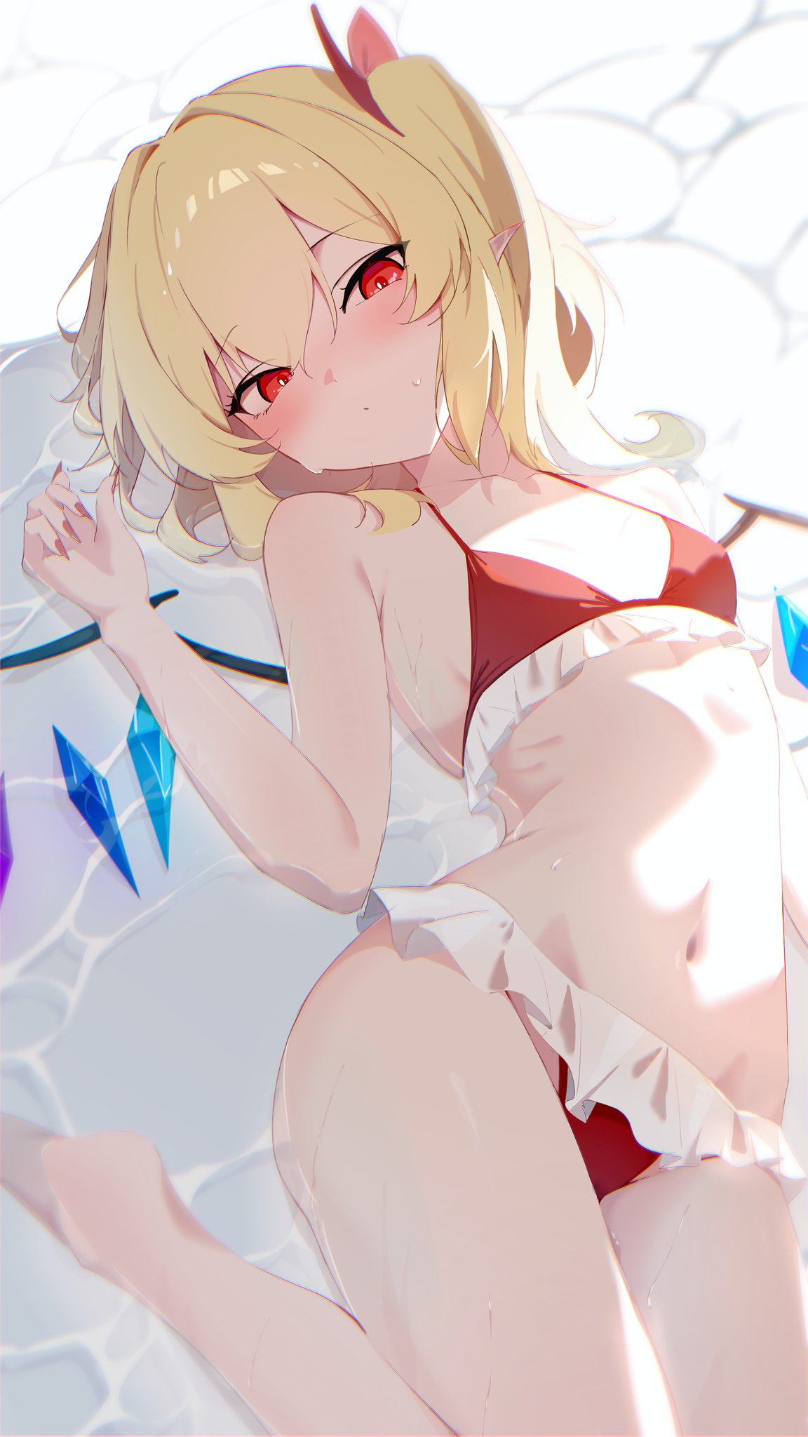 25omega25, flandre scarlet, touhou, highres, 1girl, bikini, blonde hair, blush, bow, crystal wings, expressionless, fingernails, flat chest, frilled bikini, frills, hair bow, long hair, looking at viewer, lying, navel, on back, pointy ears, red bikini, red bow, red eyes, red nails, sharp fingernails, side ponytail, solo, swimsuit, water, wet, wings