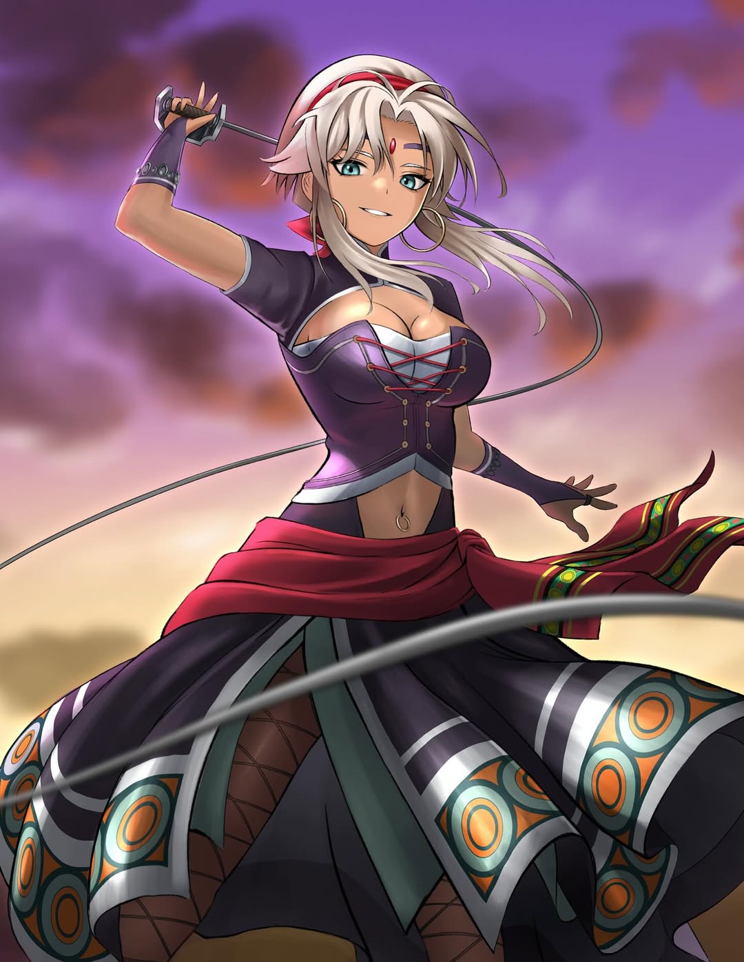 joao (moitaartwork), scherazard harvey, eiyuu densetsu, sora no kiseki, commentary, commission, english commentary, highres, 1girl, breasts, bridal gauntlets, cleavage, cleavage cutout, clothes lift, clothing cutout, curtained hair, dark-skinned female, dark skin, dress, dress lift, earrings, facial mark, floating hair, forehead mark, gradient sky, green eyes, grey hair, hairband, holding, holding weapon, holding whip, hoop earrings, jewelry, large breasts, long hair, looking at viewer, navel, navel piercing, outdoors, parted bangs, piercing, red hairband, short sleeves, single sidelock, sky, smile, solo, weapon, whip
