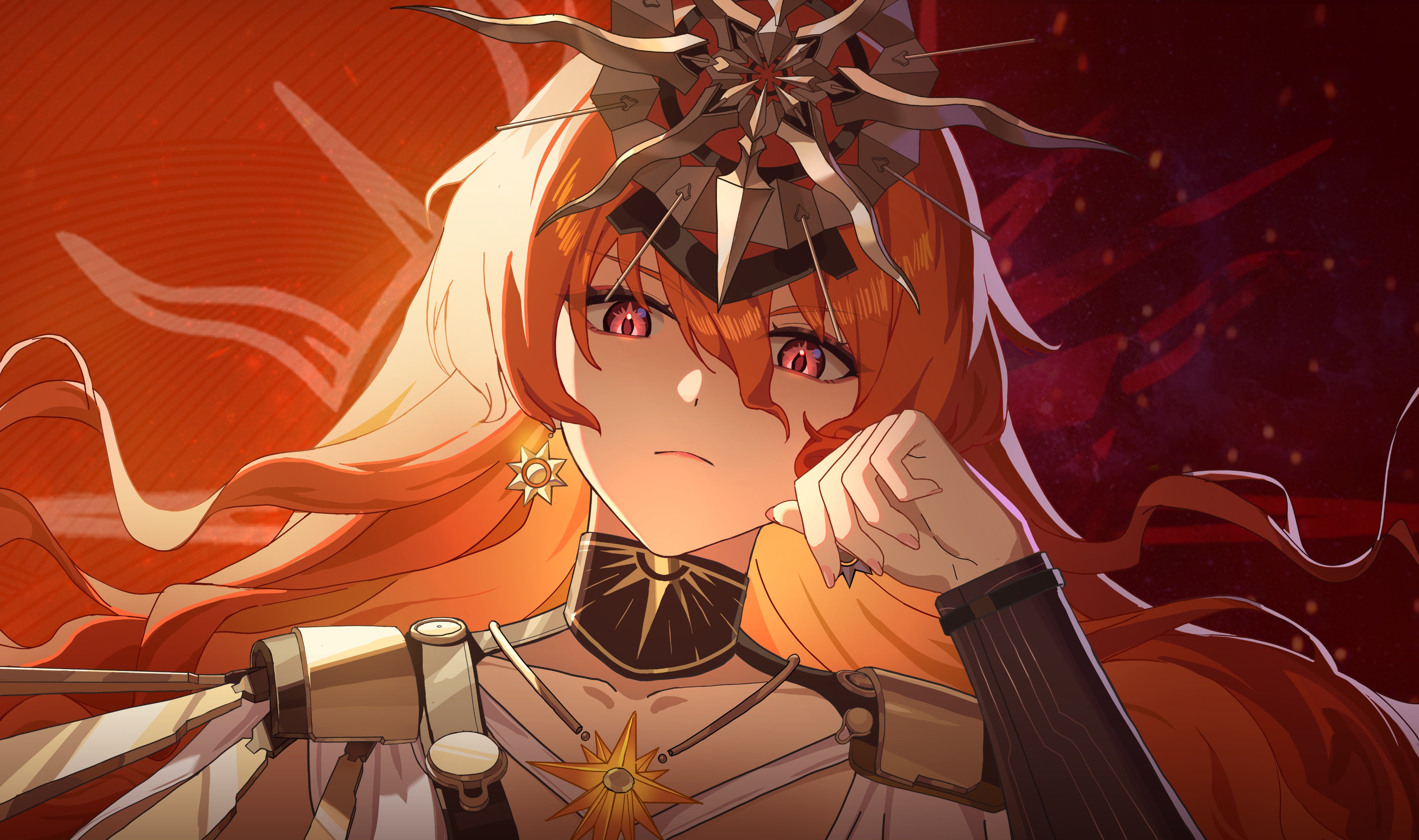 ashamutoki, augusta (wuthering waves), wuthering waves, absurdres, commentary, highres, 1girl, arm armor, arm up, black collar, closed mouth, collar, collarbone, colored inner hair, earrings, fingernails, hair between eyes, hand up, headgear, jewelry, long hair, looking at viewer, multicolored hair, orange hair, portrait, red eyes, serious, solo, sun earrings, sun necklace, wavy hair
