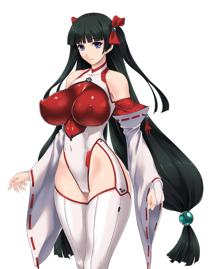 rindou (radical dream), aragami mitsuru, game cg, large variant set, non-web source, official art, variant set, 1girl, bare shoulders, black hair, blue eyes, blunt bangs, bow, breasts, bridal gauntlets, covered erect nipples, covered navel, curvy, detached sleeves, hair bobbles, hair ornament, highleg, highleg leotard, huge breasts, impossible clothes, impossible leotard, japanese clothes, leotard, long hair, looking at viewer, low-tied long hair, miko, nengoku no liese, purple eyes, red leotard, revealing clothes, ribbon-trimmed sleeves, ribbon trim, skin tight, solo, standing, thighhighs, transparent background, twintails, two side up, very long hair, white thighhighs, wide hips, wide sleeves