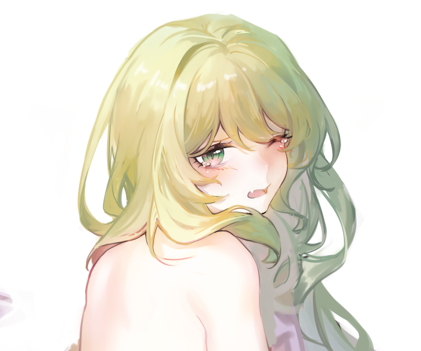hulai de gou sheng, mobius (honkai impact), honkai (series), honkai impact 3rd, 1girl, completely nude, fang, green hair, long hair, looking at viewer, nude, one eye closed, open mouth, simple background, skin fang, slit pupils, solo, upper body, wavy hair, white background, yawning