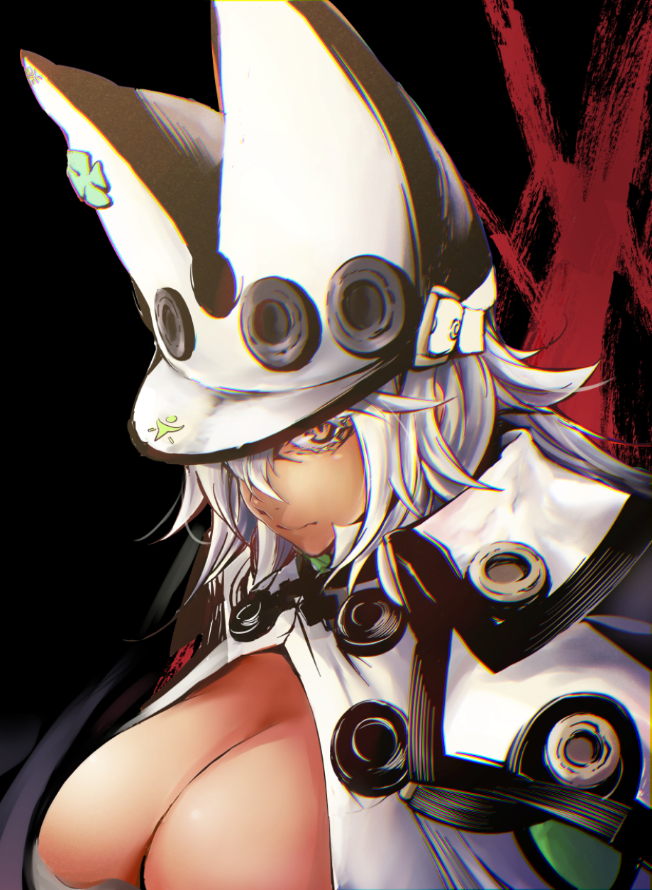 gesugesu ahoaho, ramlethal valentine, guilty gear, guilty gear xrd, highres, 1girl, black background, breasts, cape, cleavage, clover, dark-skinned female, dark skin, four-leaf clover, hair between eyes, hat, high collar, jacket, large breasts, long hair, looking at viewer, one eye covered, orange eyes, portrait, red background, serious, simple background, solo, two-tone background, white cape, white hair, white hat