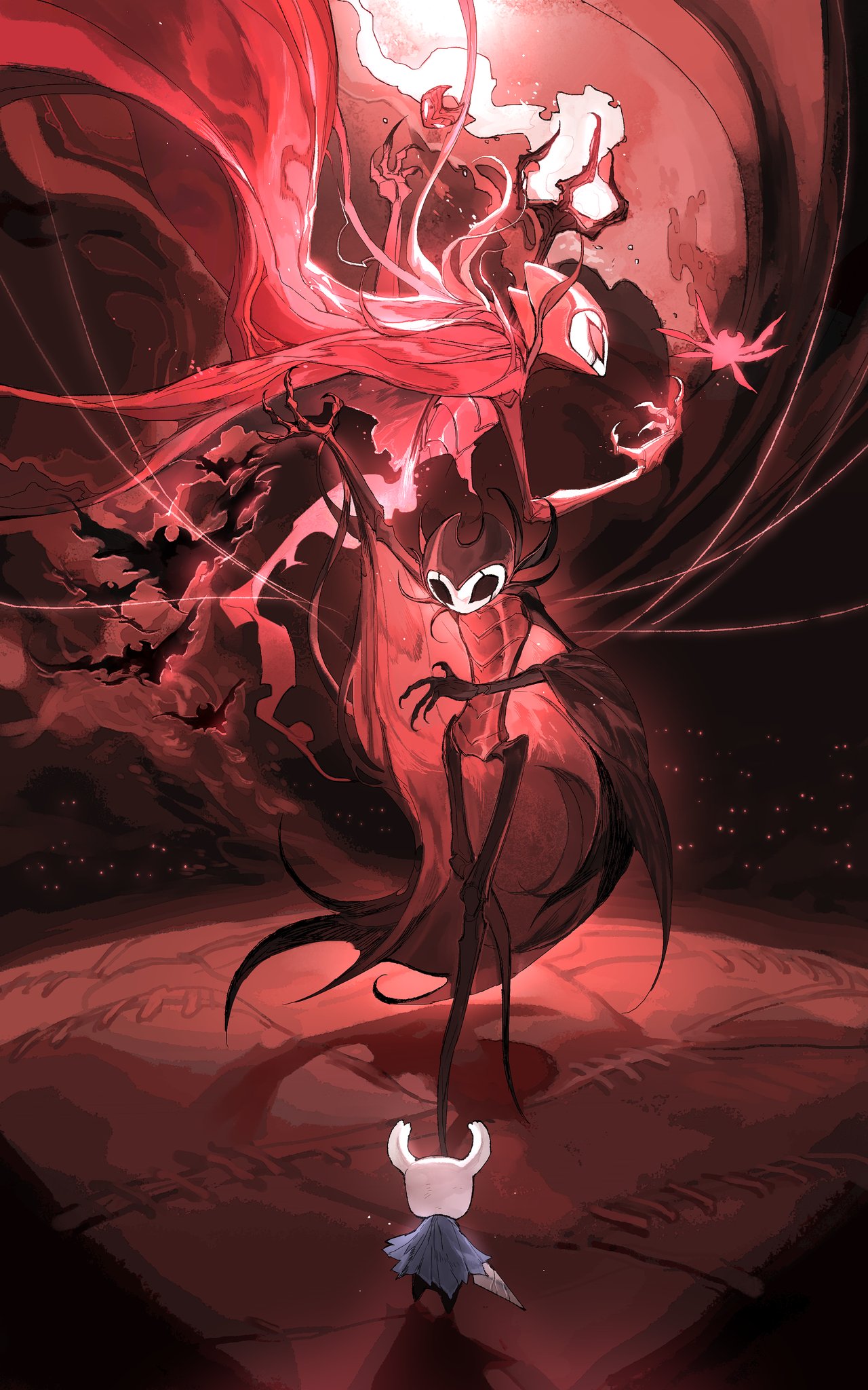 darkdog, grimm (hollow knight), knight (hollow knight), hollow knight, highres, 1boy, 1other, 2boys, black cape, black eyes, blank eyes, blue cloak, bug, cape, claws, cloak, fire, full body, holding, holding weapon, horned mask, horns, mask, multiple boys, nail (hollow knight), pyrokinesis, red cape, red eyes, standing, weapon, white mask