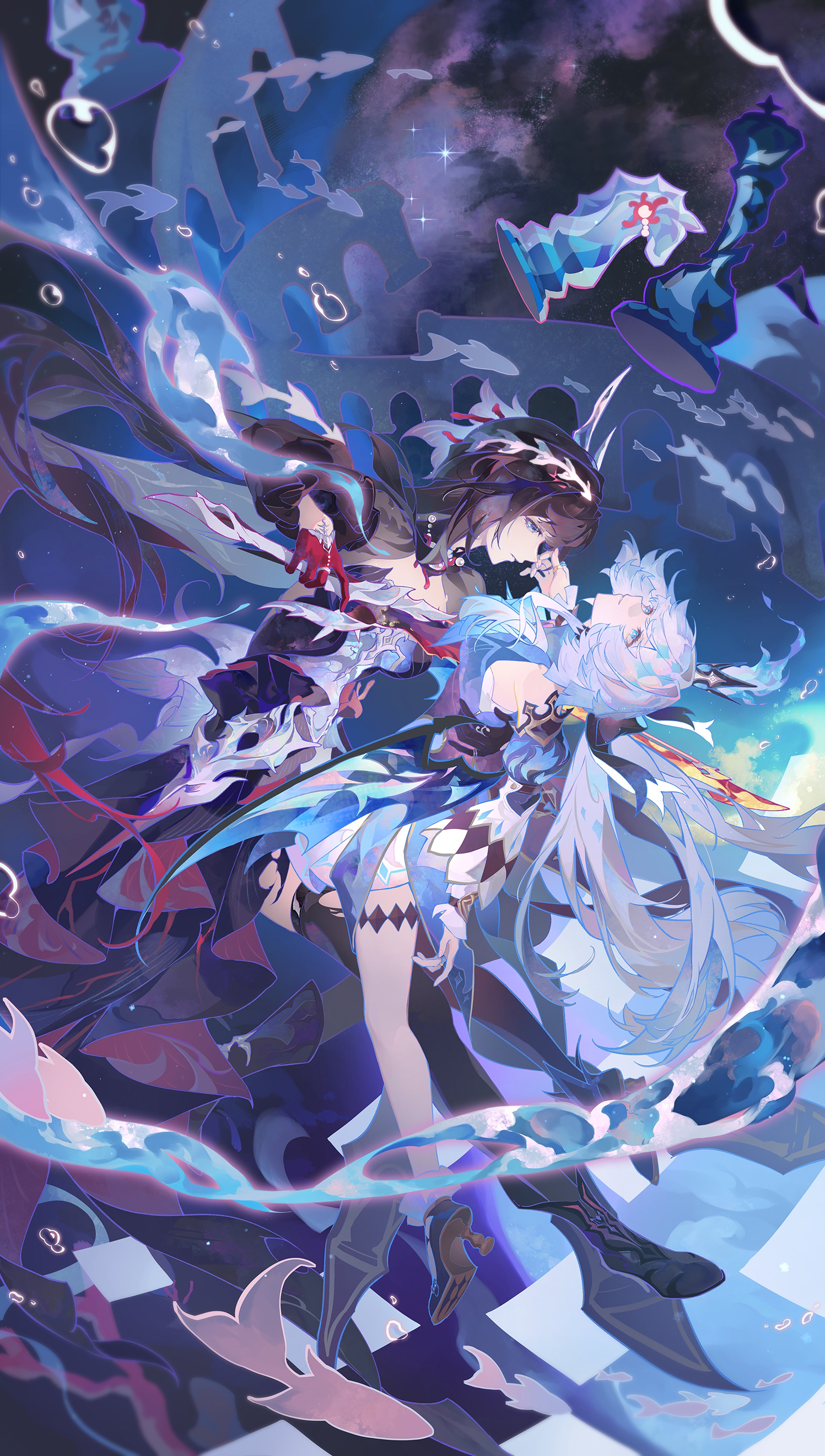 sakirs mingan, cerydra (honkai: star rail), hysilens (honkai: star rail), honkai: star rail, honkai (series), absurdres, highres, 2girls, air bubble, asymmetrical footwear, black boots, black hair, black thighhighs, boots, bubble, chess piece, detached sleeves, dress, gloves, grey hair, high heels, long hair, long sleeves, looking at another, looking up, mismatched footwear, multiple girls, red gloves, thighhighs, torn clothes, torn thighhighs, very long hair