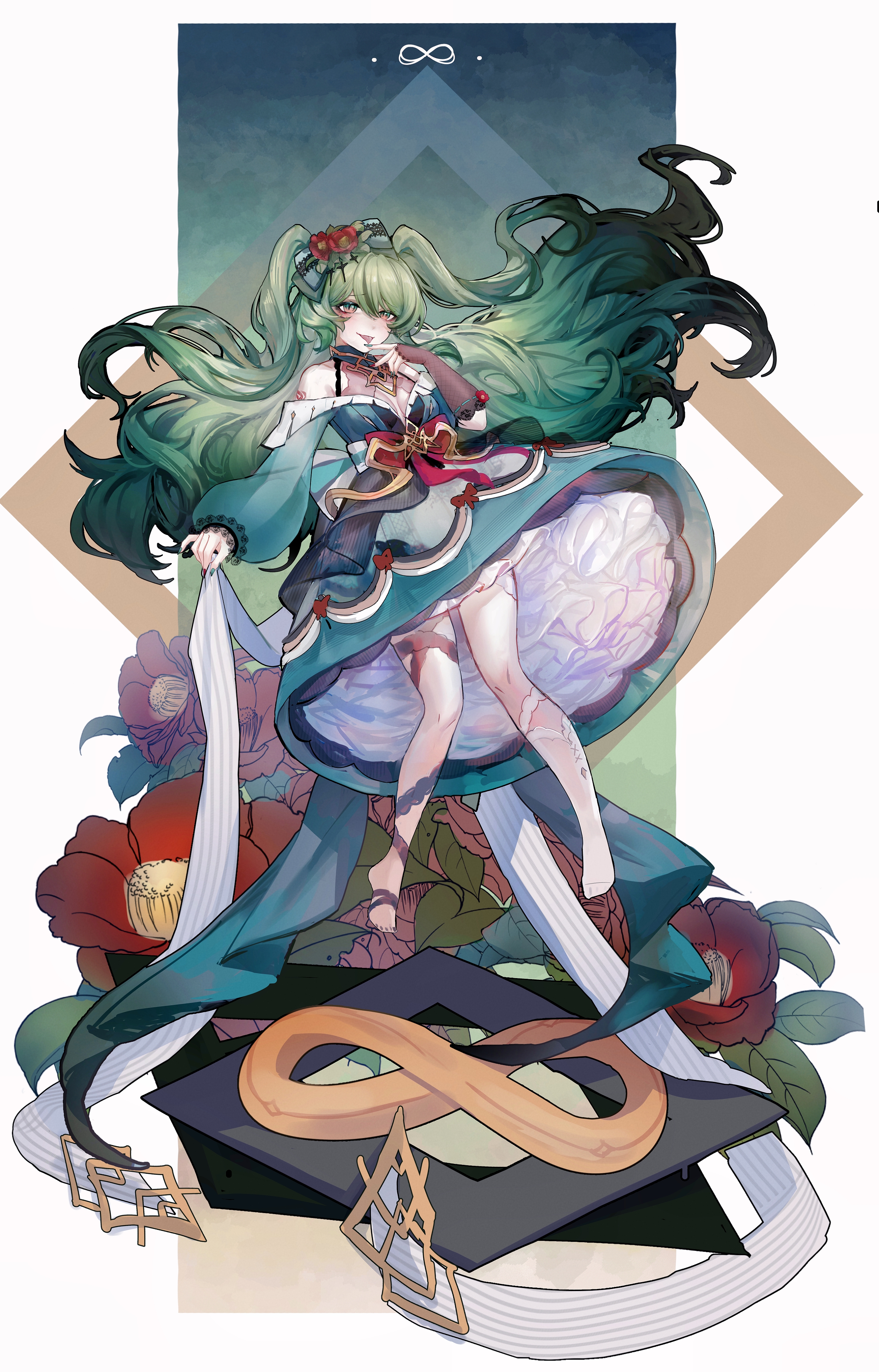 hulai de gou sheng, mobius (honkai impact), honkai (series), honkai impact 3rd, absurdres, highres, 1girl, bow, breasts, cleavage, dress, fingernails, flower, full body, green bow, green dress, green hair, green nails, hair bow, long hair, long sleeves, looking at viewer, nail polish, red flower, single sock, small breasts, socks, solo, toenail polish, toenails, tongue, tongue out, very long hair, wavy hair, white socks