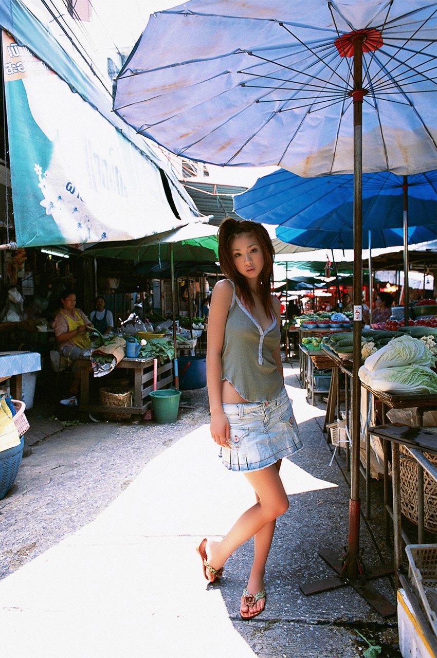 hoshino aki, highres, photo (medium), bra, bug, butterfly, flip-flops, insect, lingerie, market, miniskirt, sandals, skirt, tank top, underwear