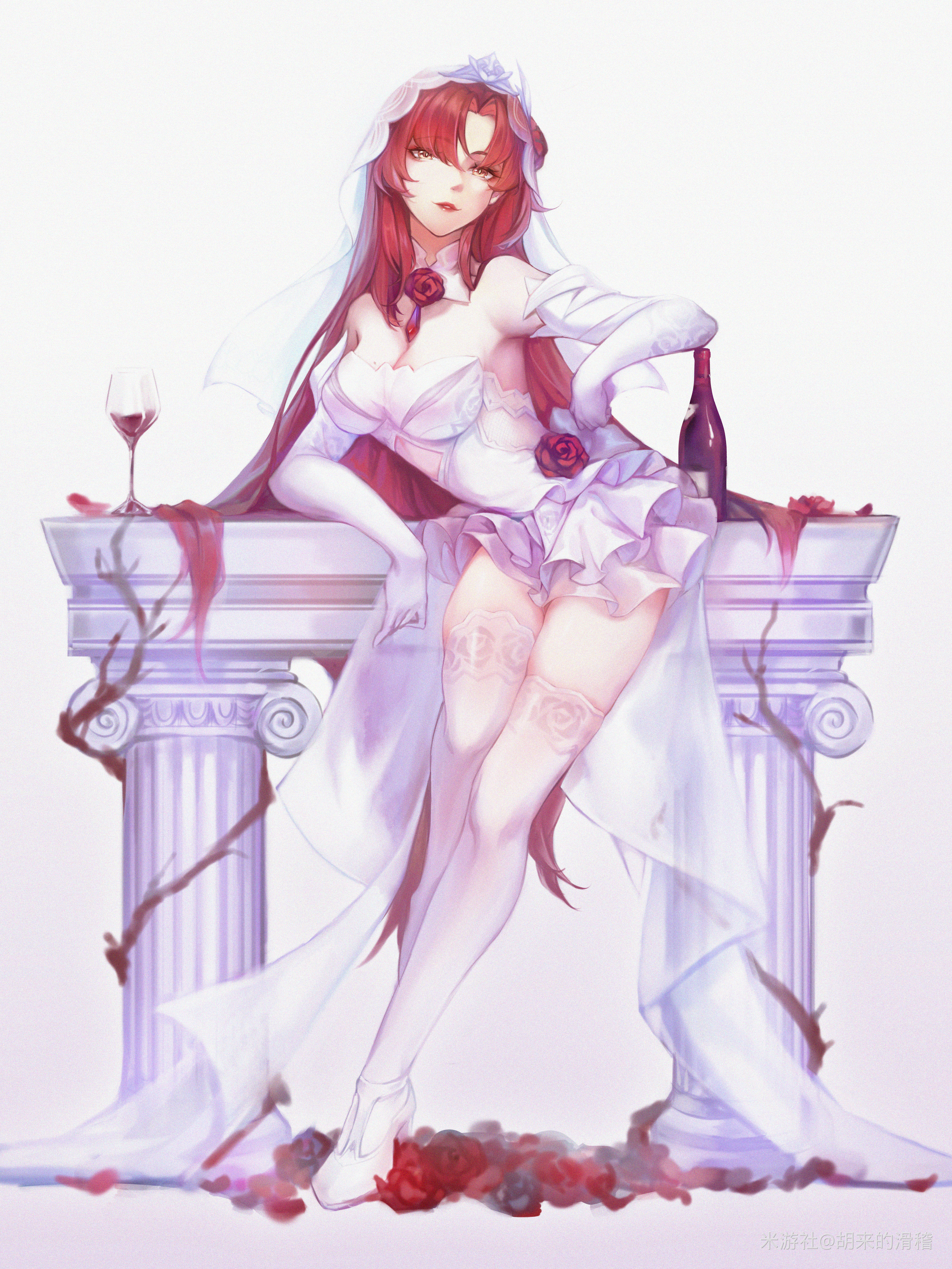 hulai de gou sheng, murata himeko, murata himeko (blood rose), murata himeko (rosy passion), honkai (series), honkai impact 3rd, absurdres, highres, 1girl, alcohol, bottle, breasts, cleavage, closed mouth, cup, dress, drinking glass, elbow gloves, flower, full body, gloves, large breasts, lipstick, long hair, looking at viewer, makeup, red eyes, red flower, red rose, rose, simple background, solo, thighhighs, veil, very long hair, wedding dress, white background, white dress, white thighhighs, wine, wine bottle, wine glass, yellow eyes