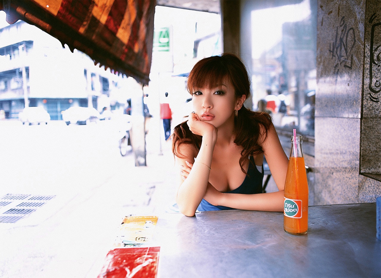 hoshino aki, photo (medium), bikini, bikini top only, bug, butterfly, drinking straw, soda, swimsuit, tank top